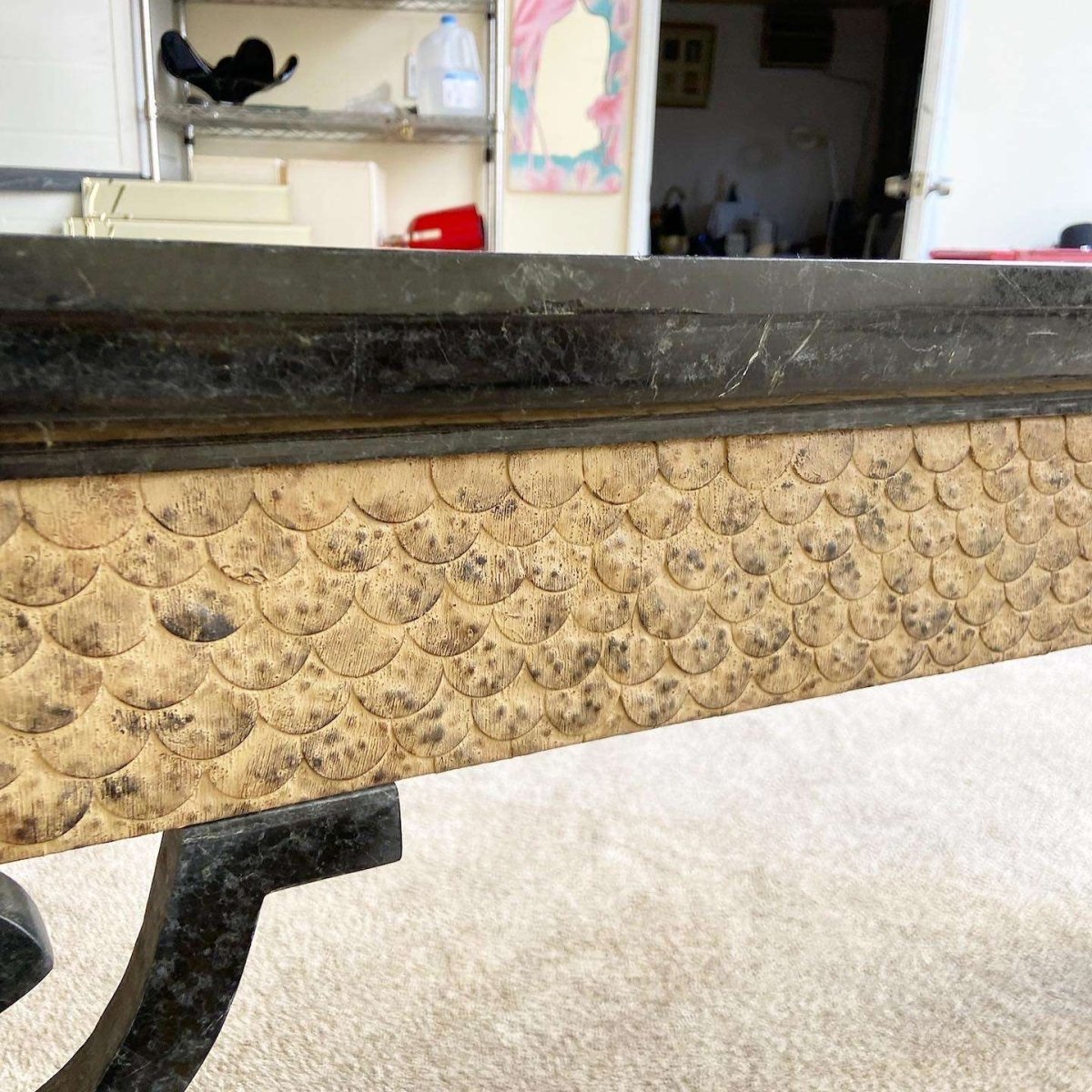 Chinoiserie Black Tessellated Stone Top Console Table - Dolphin & Flamingo