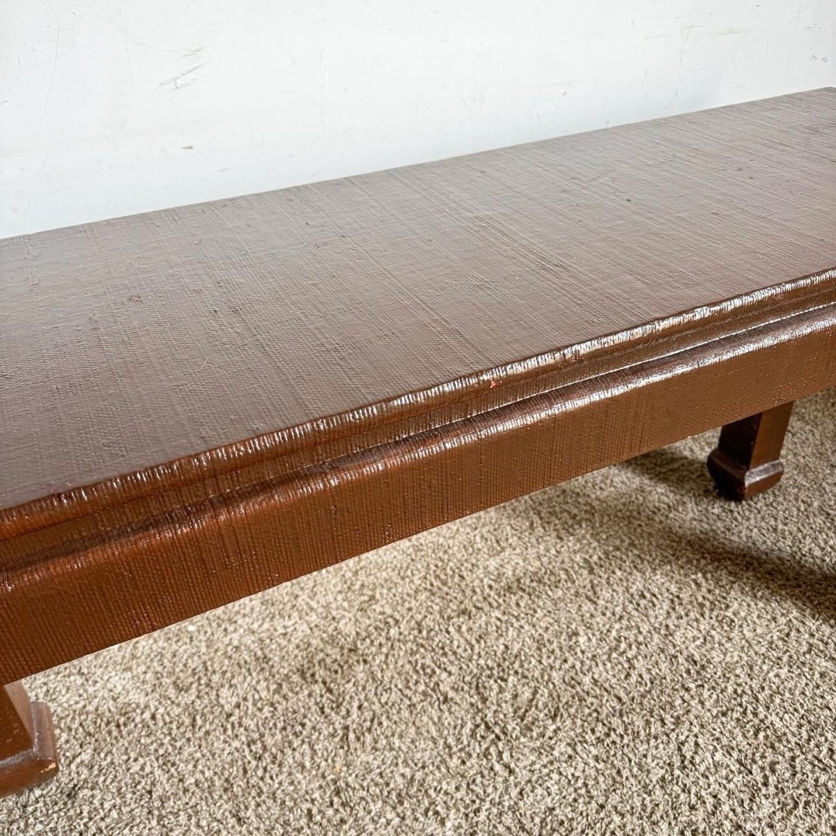 Chinoiserie Brown Finished Grass Cloth Console Table - Dolphin & Flamingo