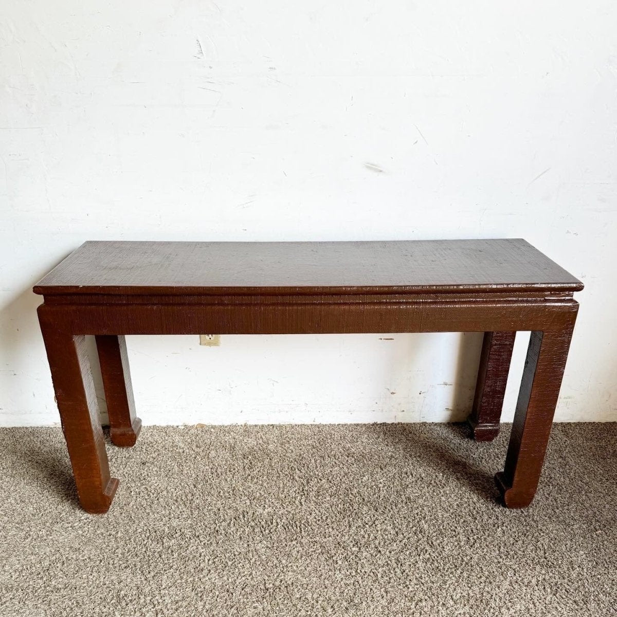 Chinoiserie Brown Finished Grass Cloth Console Table - Dolphin & Flamingo