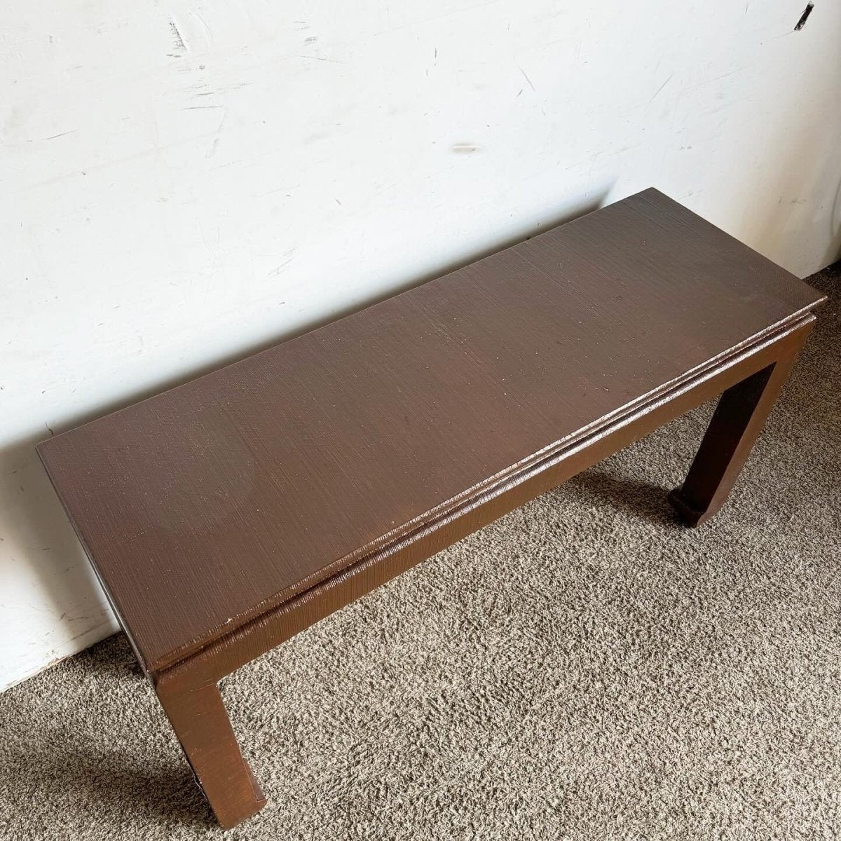 Chinoiserie Brown Finished Grass Cloth Console Table - Dolphin & Flamingo