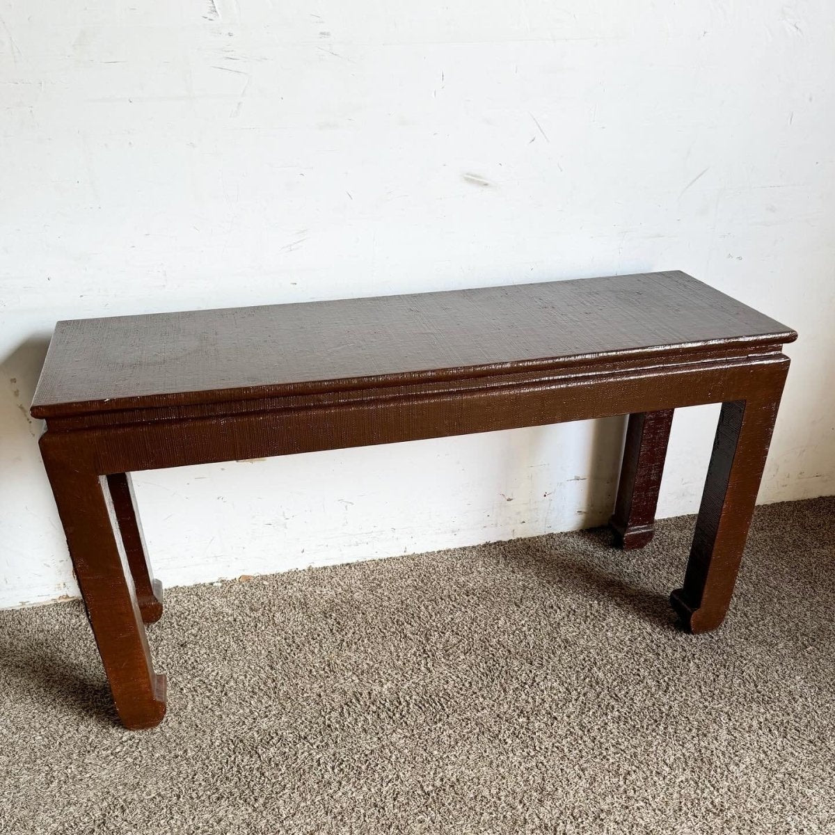 Chinoiserie Brown Finished Grass Cloth Console Table - Dolphin & Flamingo