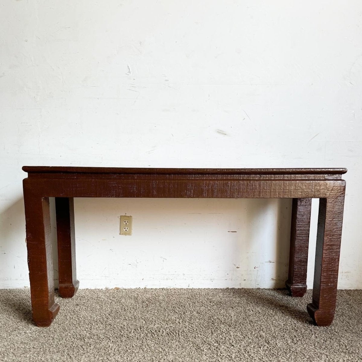 Chinoiserie Brown Finished Grass Cloth Console Table - Dolphin & Flamingo