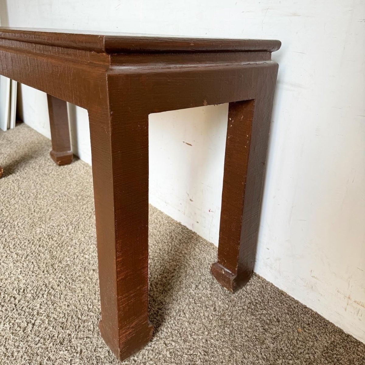 Chinoiserie Brown Finished Grass Cloth Console Table - Dolphin & Flamingo