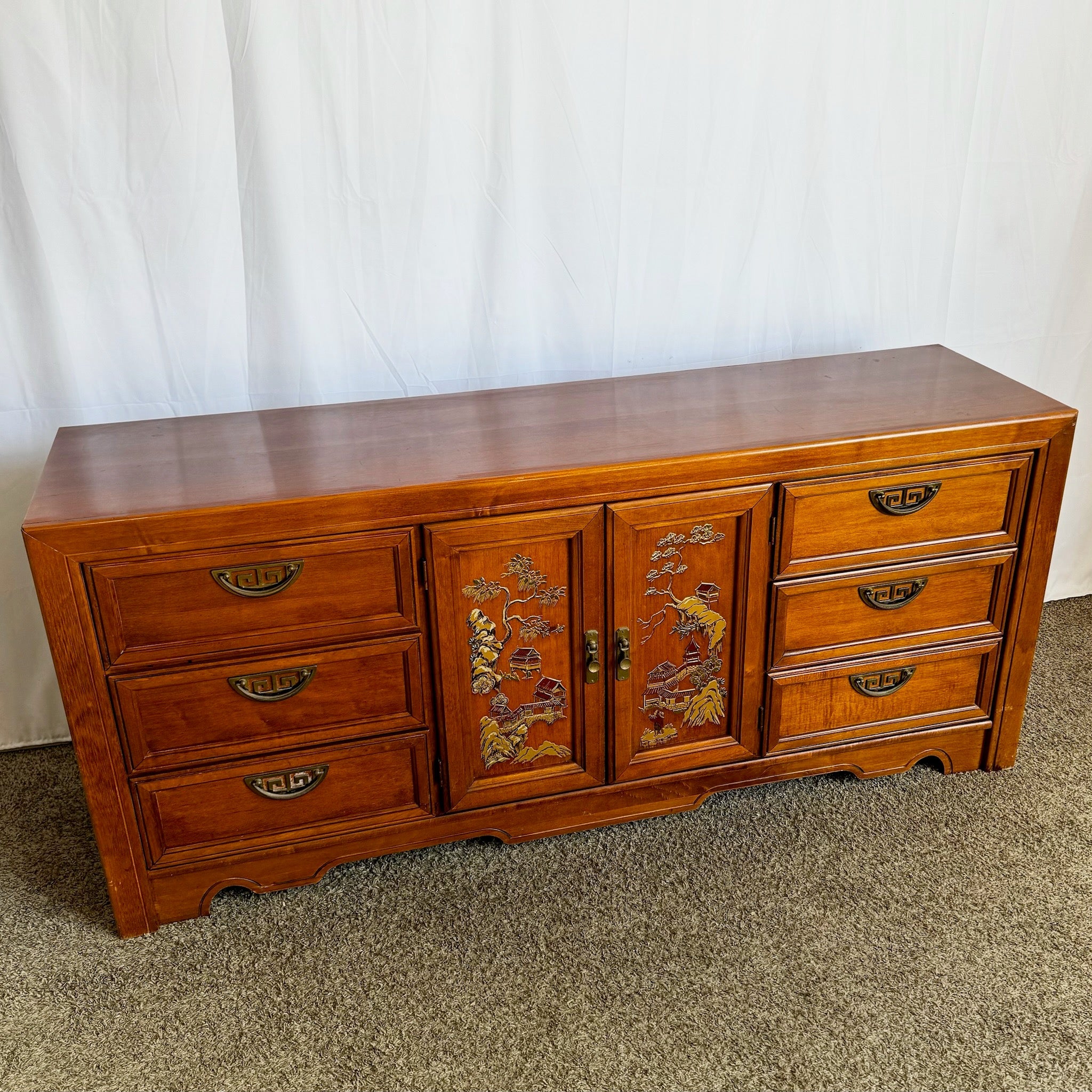 Chinoiserie Dresser With Brass Handles by Broyhill - Dolphin & Flamingo