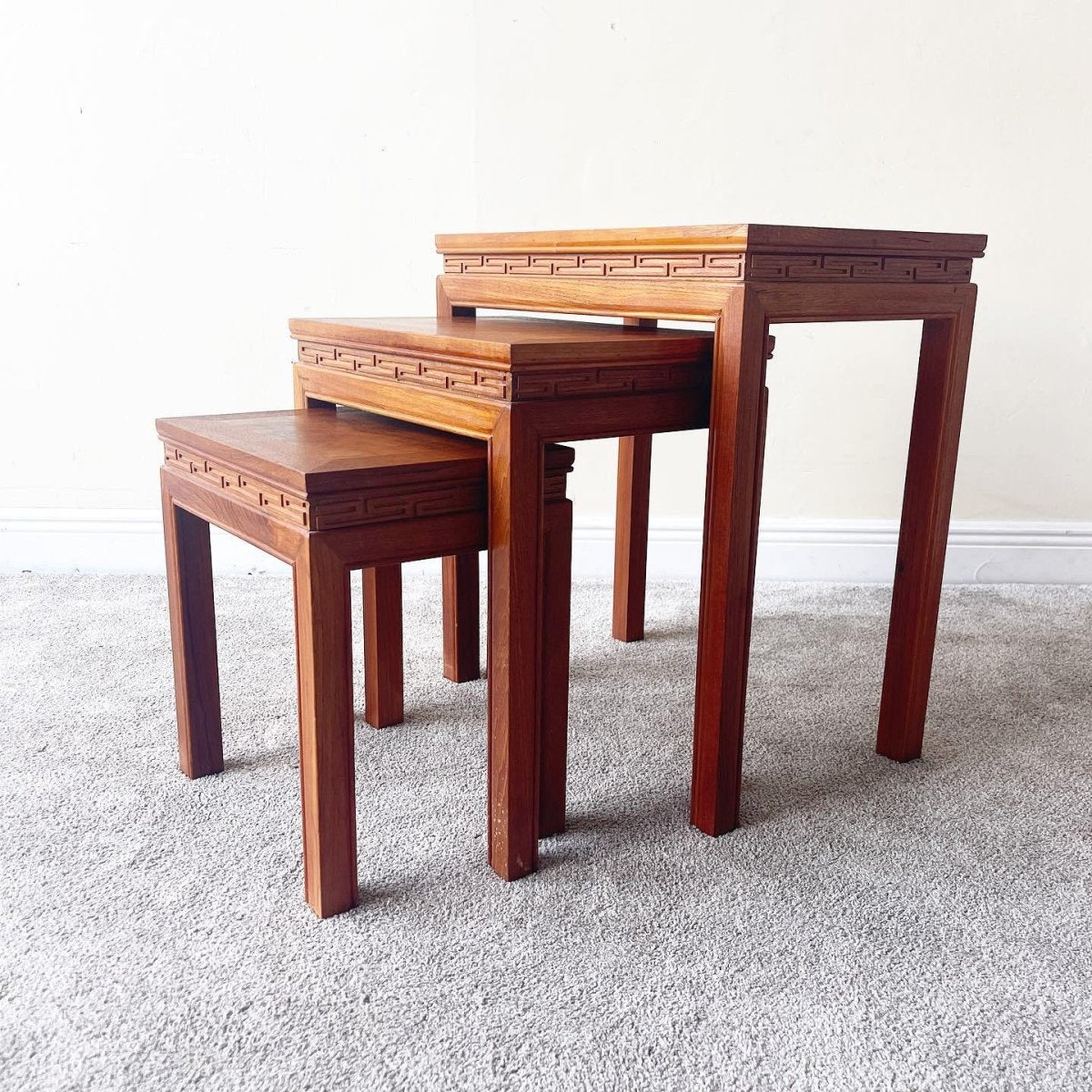 Chinoiserie Hand Carved Asian Wood Nesting/Stacking Tables - Dolphin & Flamingo
