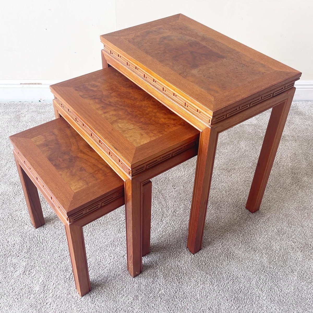 Chinoiserie Hand Carved Asian Wood Nesting/Stacking Tables - Dolphin & Flamingo