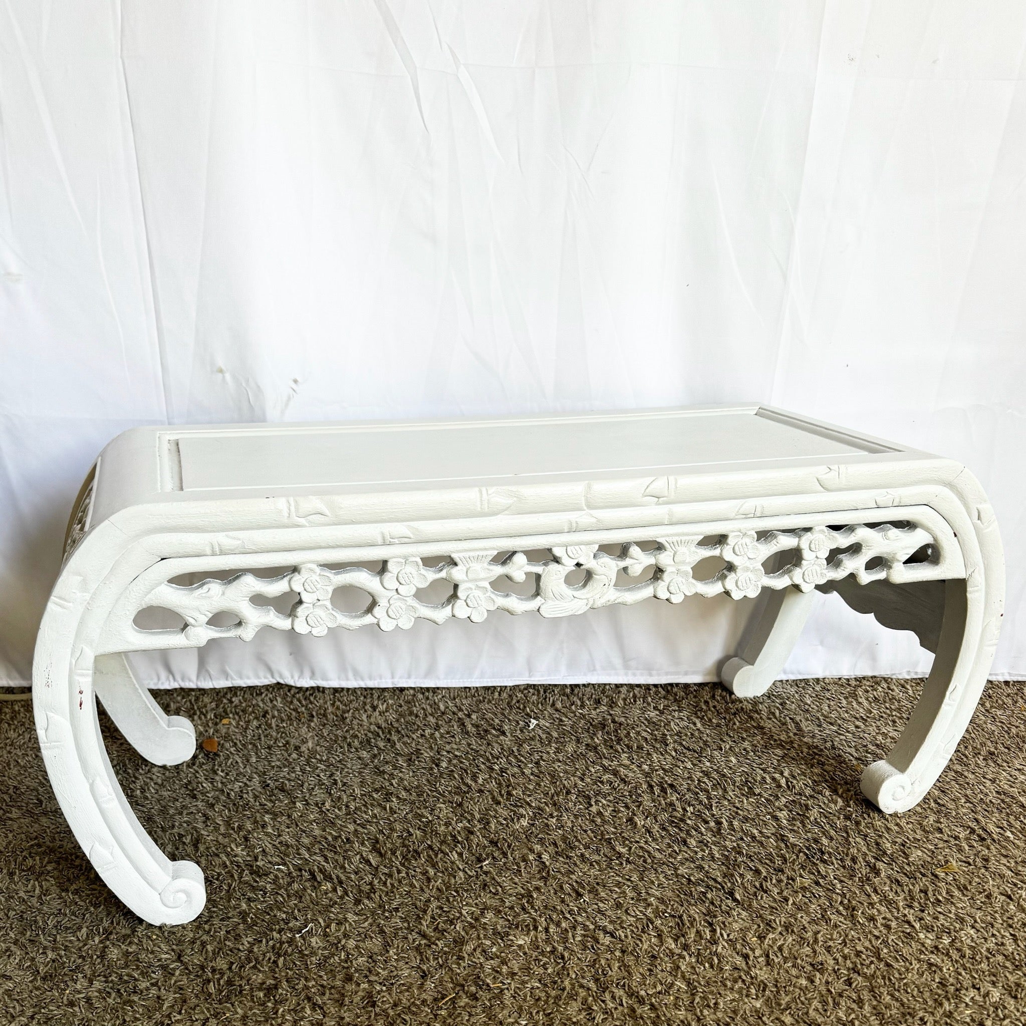 Chinoiserie White Wooden Scroll Coffee Table/Bench - Dolphin & Flamingo