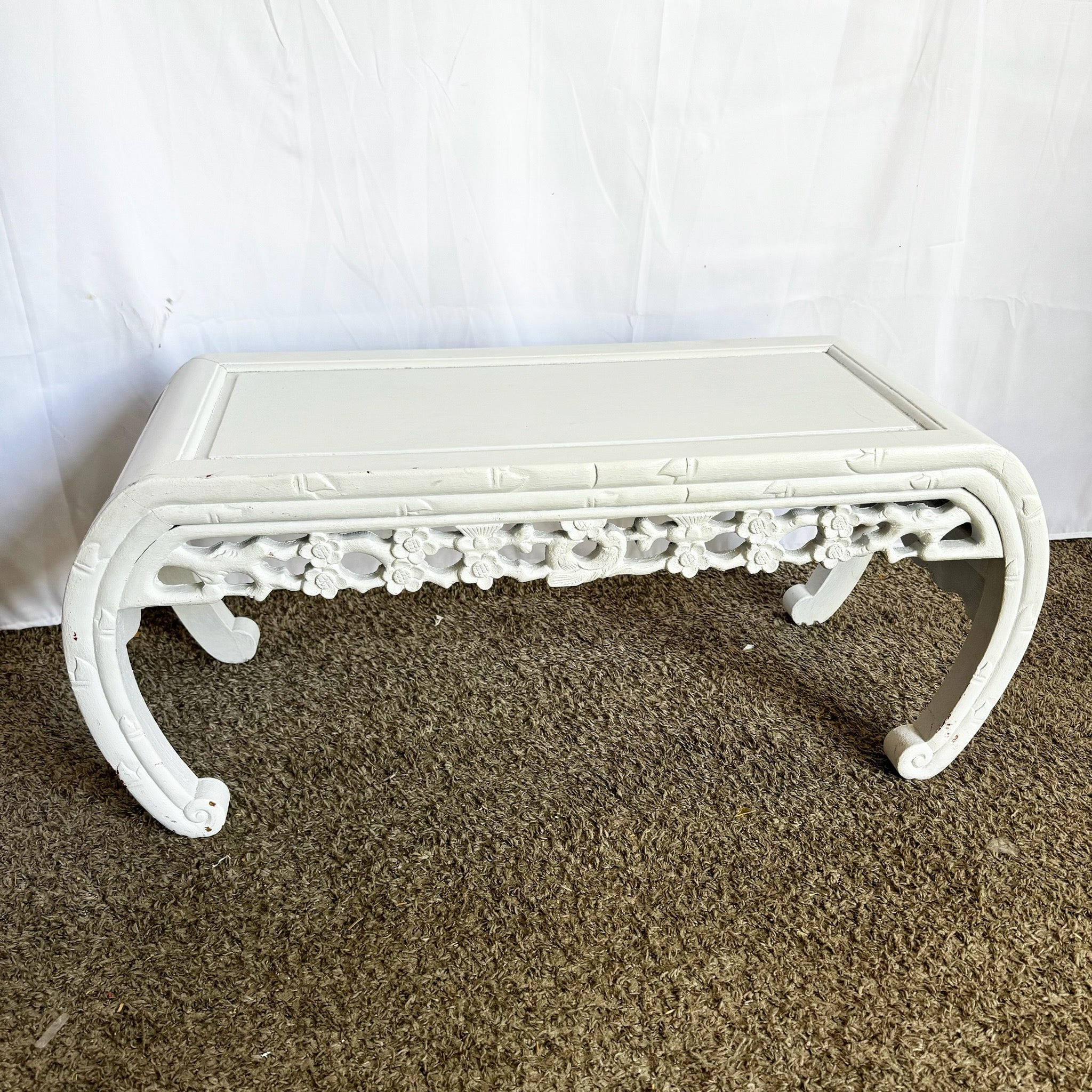 Chinoiserie White Wooden Scroll Coffee Table/Bench - Dolphin & Flamingo