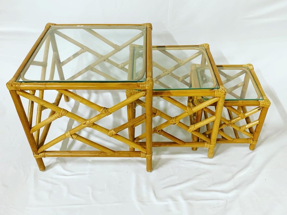 Chippendale Bamboo Rattan Nesting Tables - Set of 3 - Dolphin & Flamingo