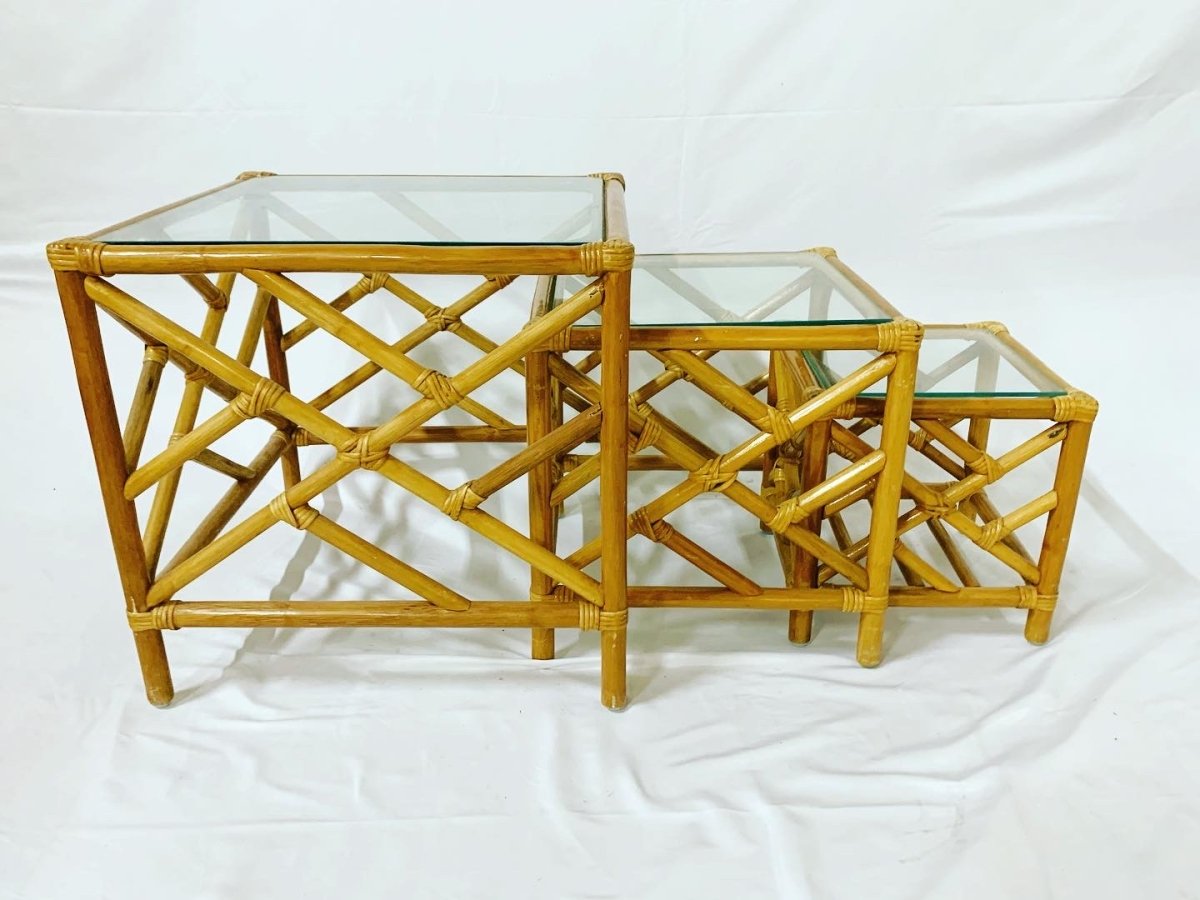 Chippendale Bamboo Rattan Nesting Tables - Set of 3 - Dolphin & Flamingo