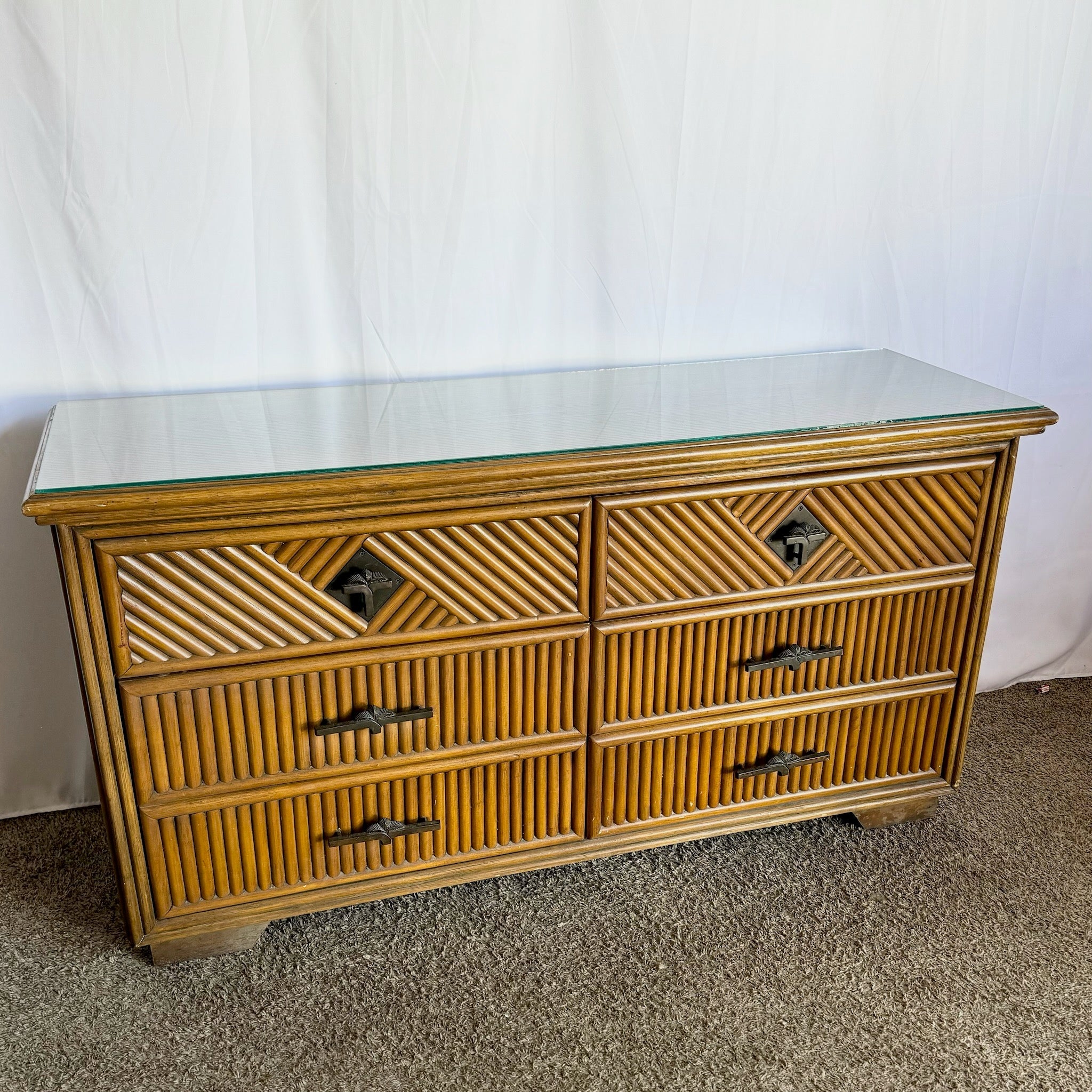 Coastal Boho Rattan Dresser With Glass Top - Dolphin & Flamingo