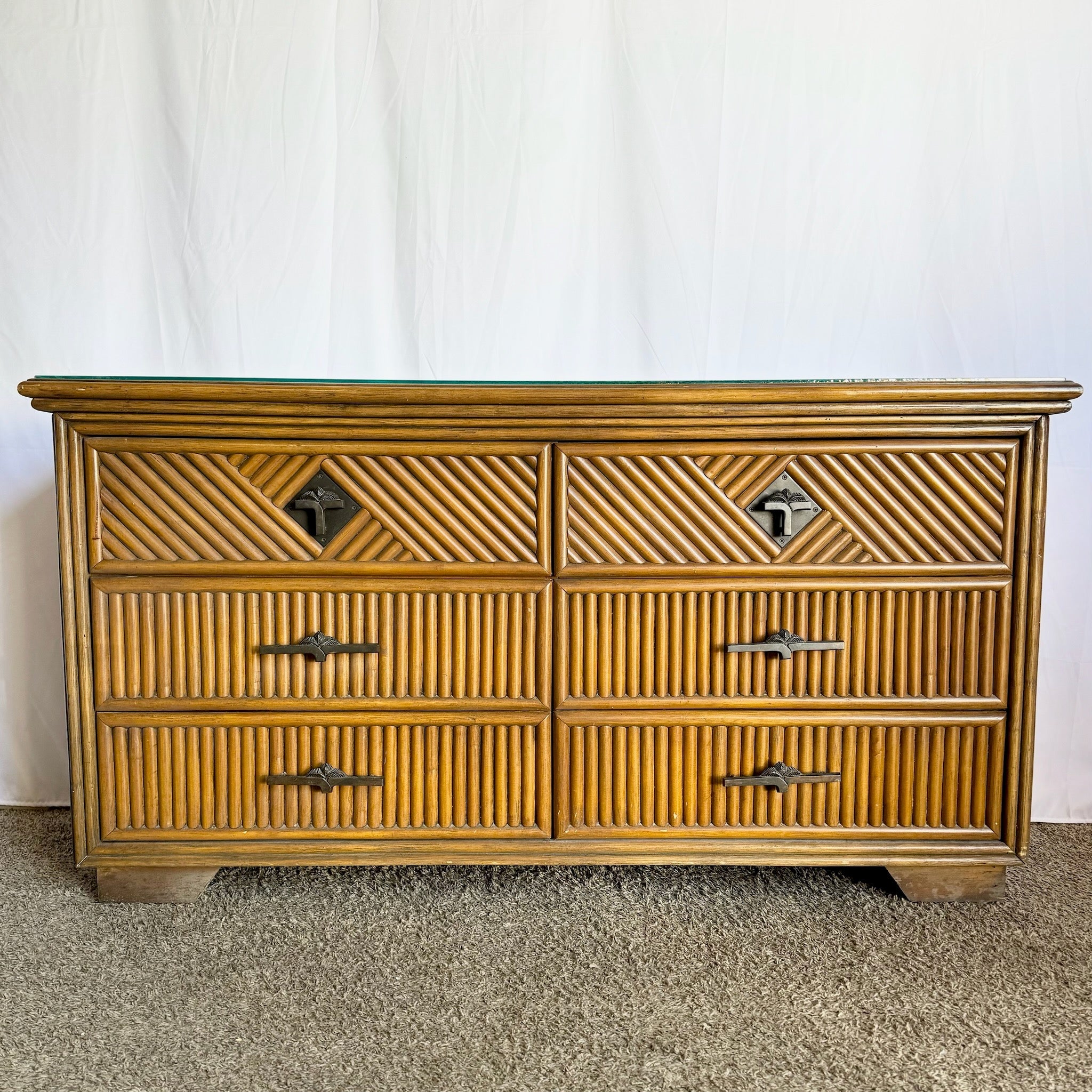 Coastal Boho Rattan Dresser With Glass Top - Dolphin & Flamingo