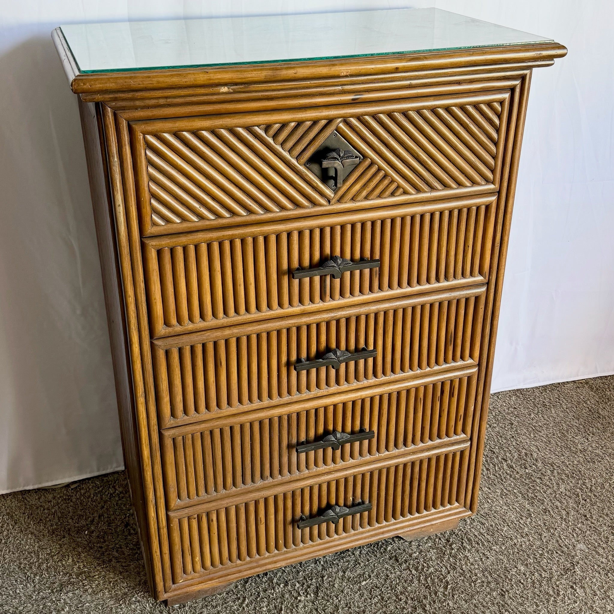 Coastal Boho Rattan Highboy Dresser With Glass Top - Dolphin & Flamingo