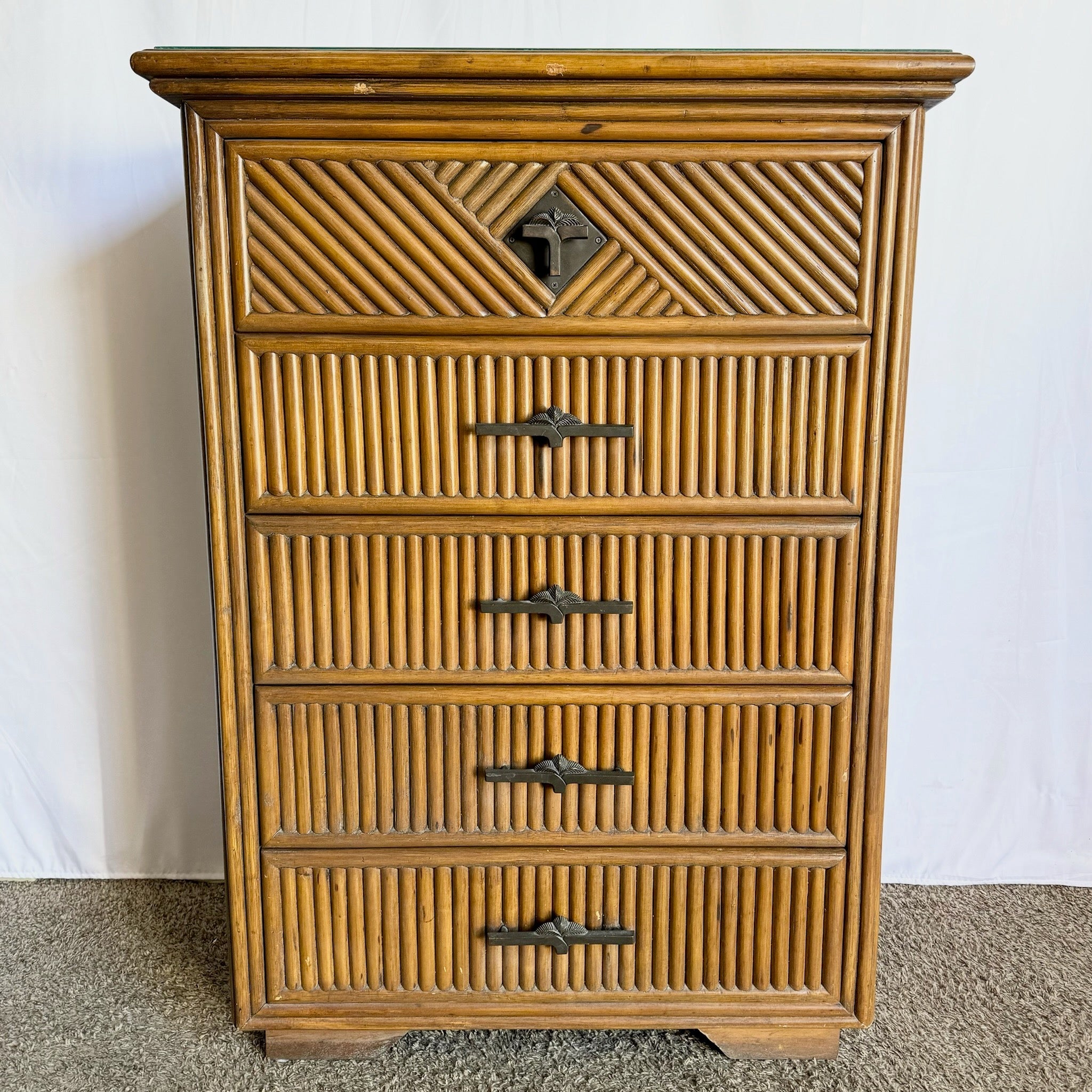 Coastal Boho Rattan Highboy Dresser With Glass Top - Dolphin & Flamingo