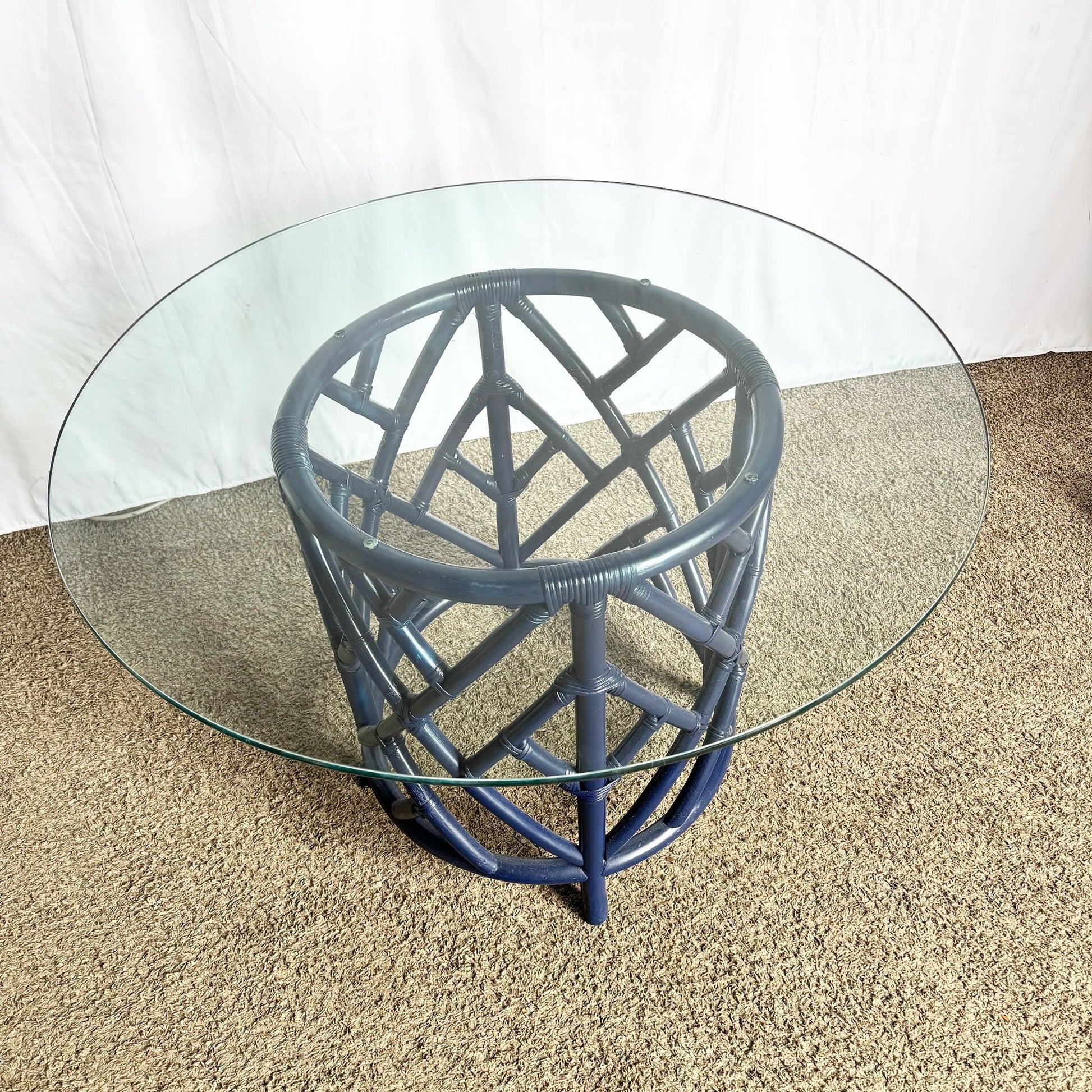 Coastal Chic Navy Blue Chippendale Style Glass Top Dining Table - Dolphin & Flamingo