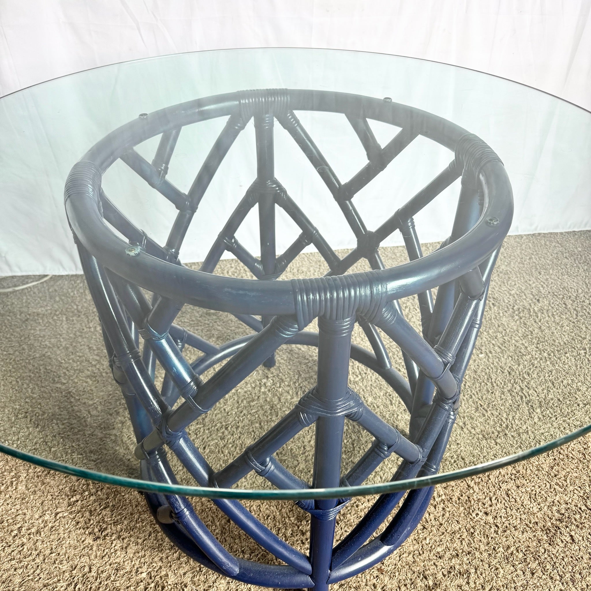 Coastal Chic Navy Blue Chippendale Style Glass Top Dining Table - Dolphin & Flamingo