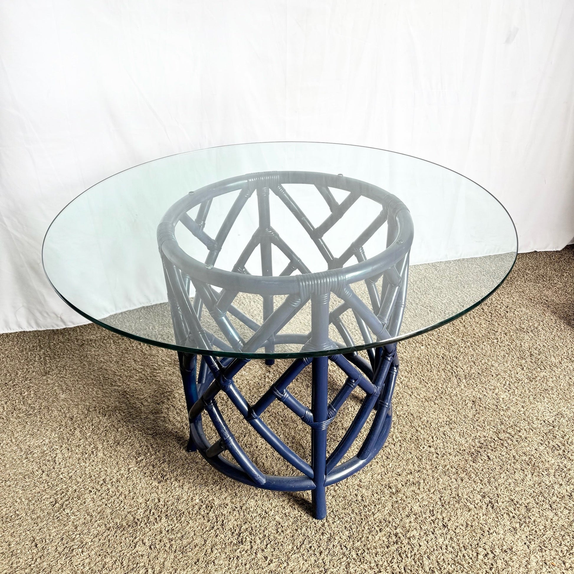 Coastal Chic Navy Blue Chippendale Style Glass Top Dining Table - Dolphin & Flamingo