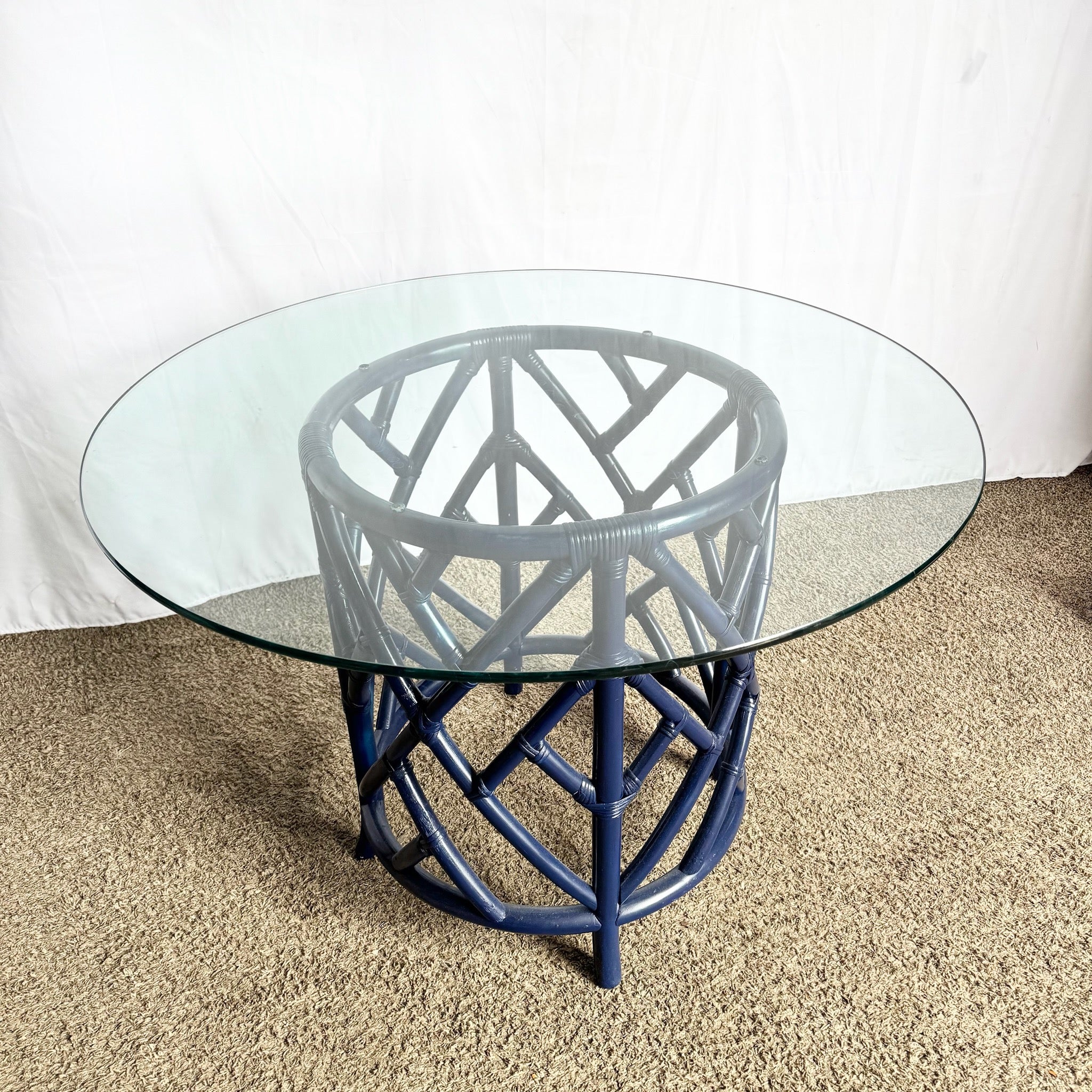 Coastal Chic Navy Blue Chippendale Style Glass Top Dining Table - Dolphin & Flamingo