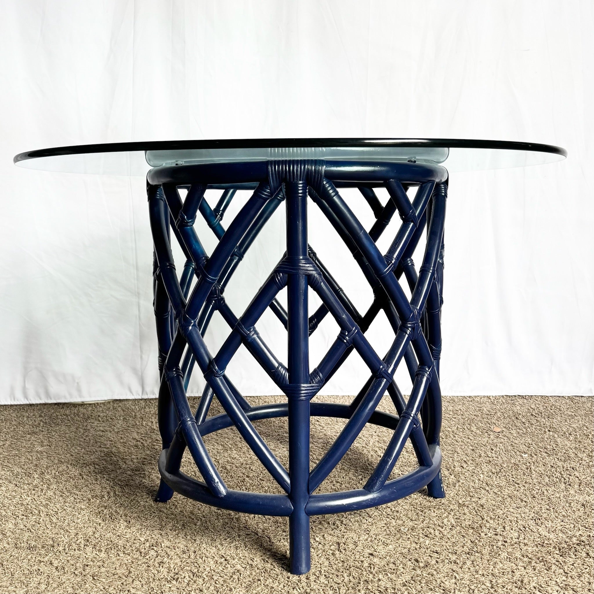 Coastal Chic Navy Blue Chippendale Style Glass Top Dining Table - Dolphin & Flamingo