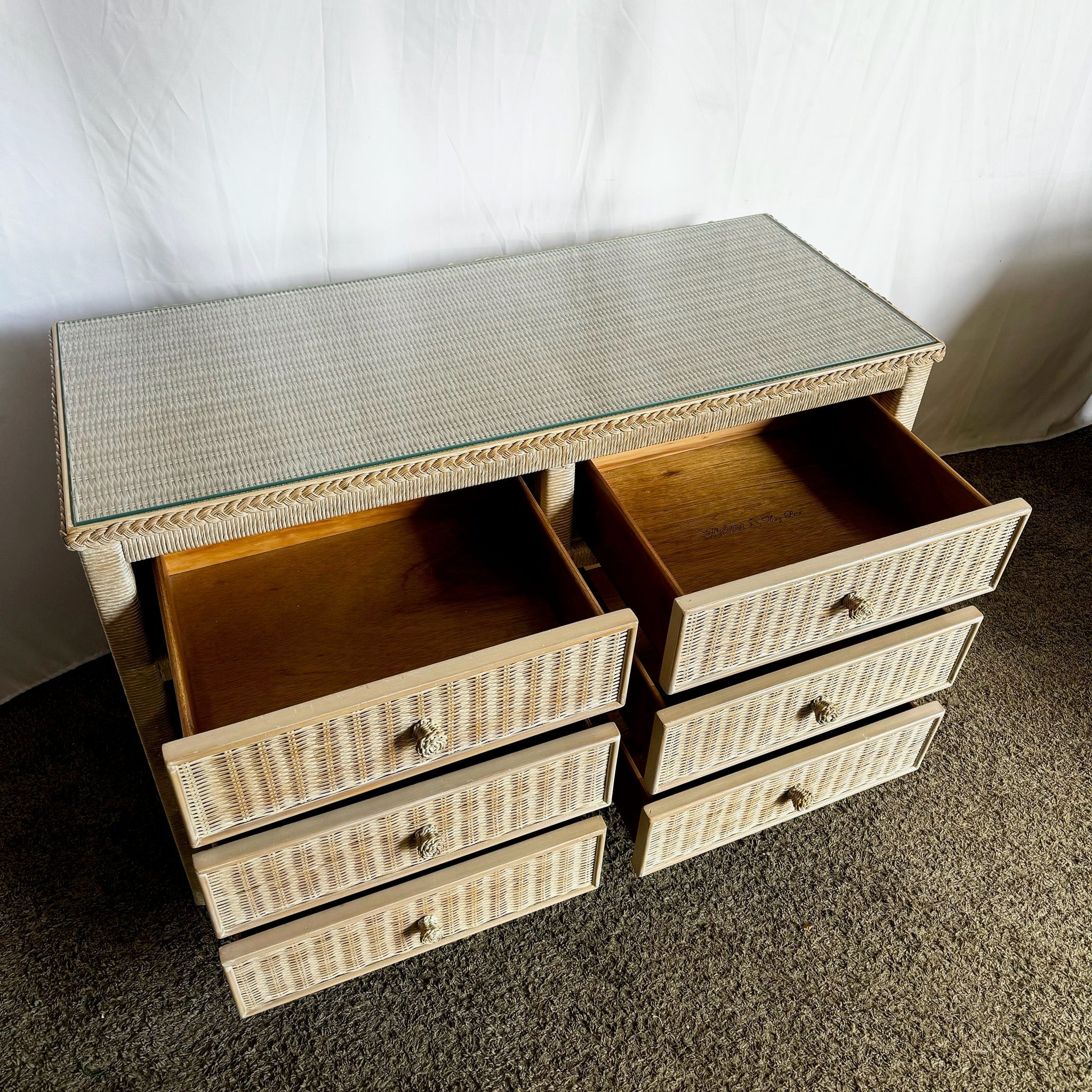 Coastal White Washed Henry Link Wicker Dresser by Lexington - 6 Drawers - Dolphin & Flamingo