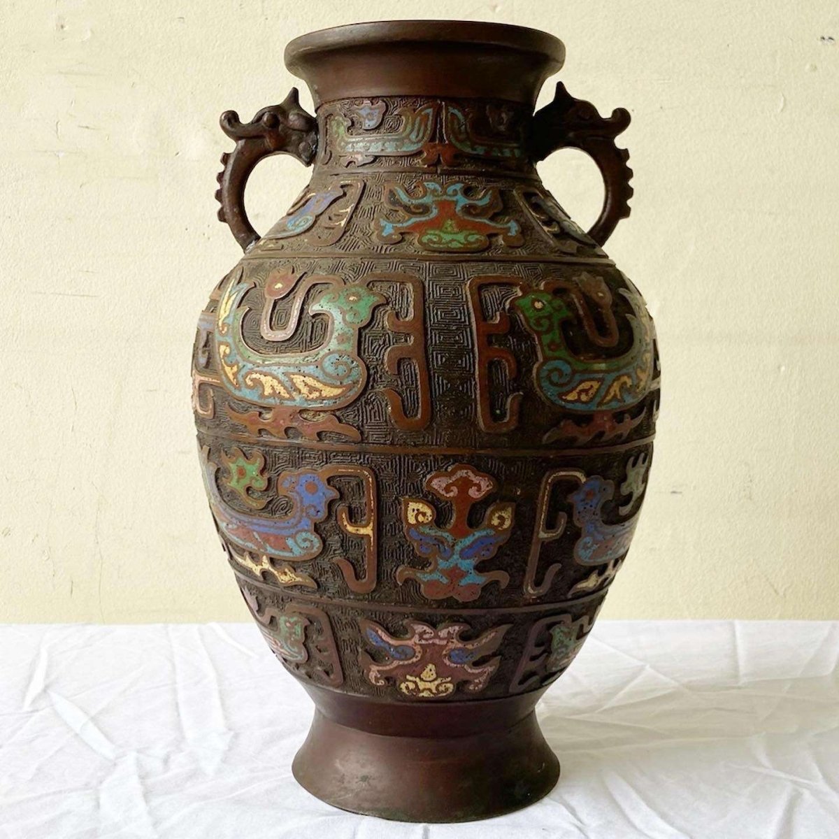 Early 20th Century Japanese Brass Champleve Vase - Dolphin & Flamingo