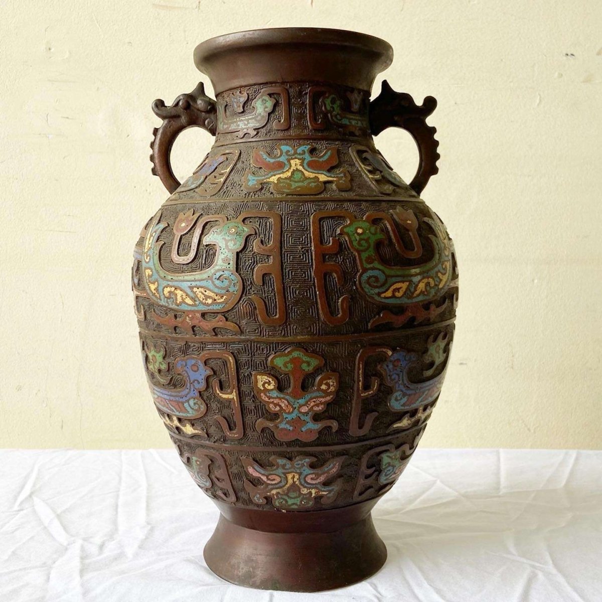 Early 20th Century Japanese Brass Champleve Vase - Dolphin & Flamingo