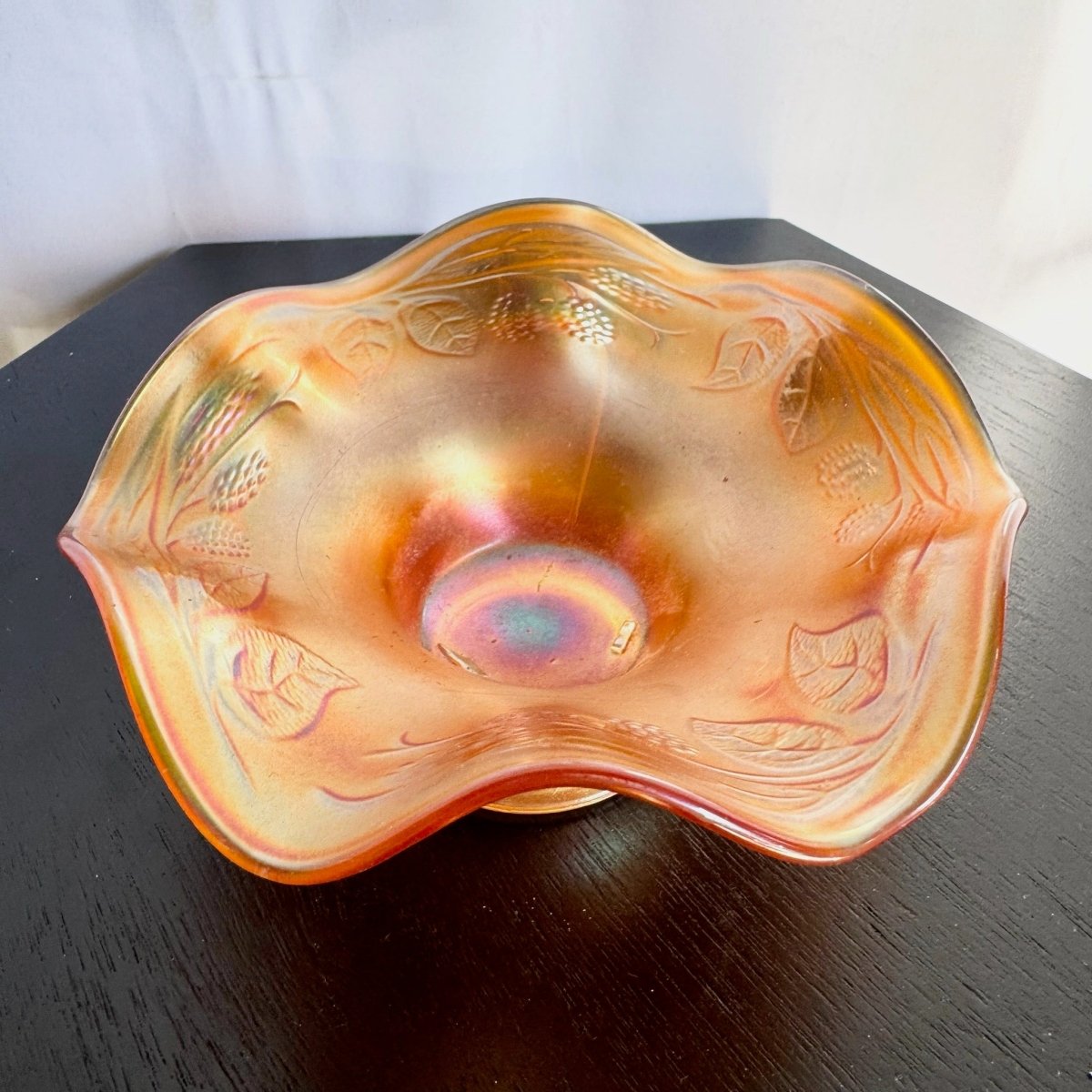 Fenton Marigold Carnival Glass Bowl in the "Blackberry Spray" Pattern - Dolphin & Flamingo