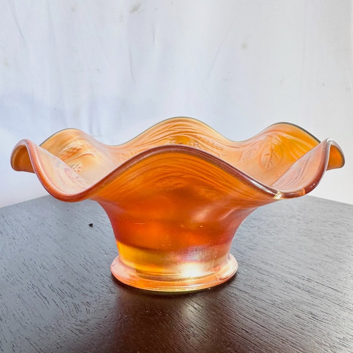 Fenton Marigold Carnival Glass Bowl in the "Blackberry Spray" Pattern - Dolphin & Flamingo