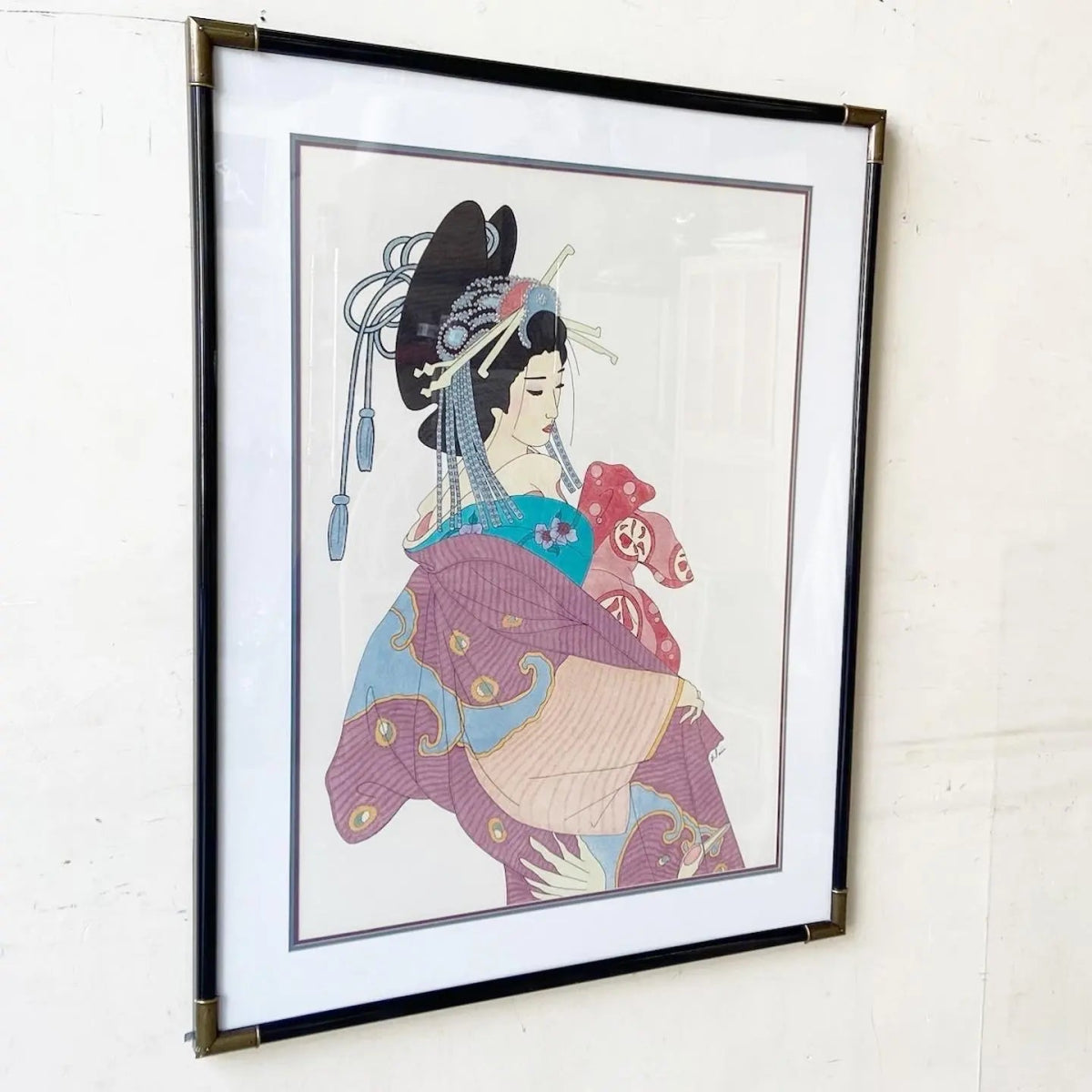 Framed Japanese Woodblock - Style Print Bijin - Ga “Beautiful Woman” - Dolphin & Flamingo