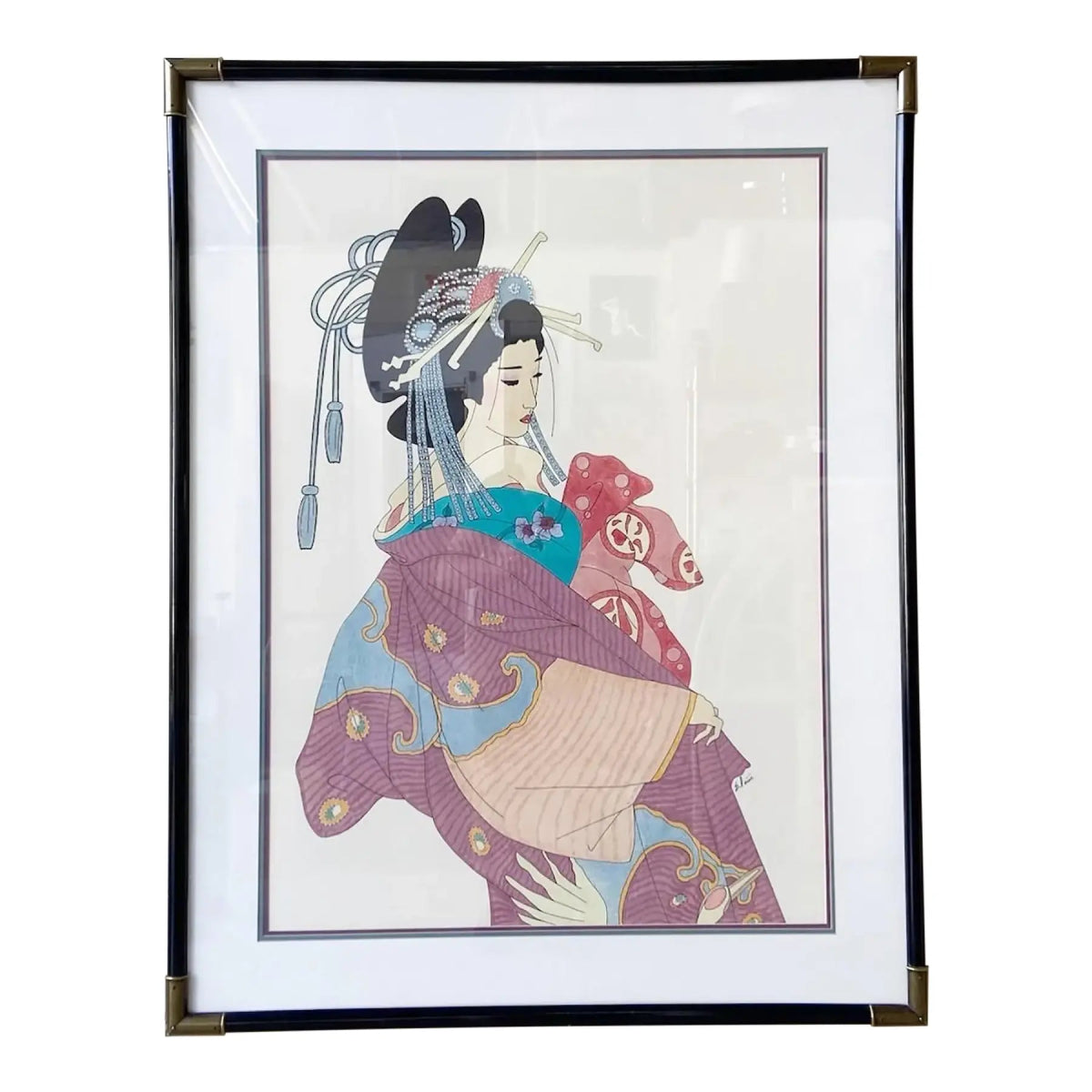 Framed Japanese Woodblock - Style Print Bijin - Ga “Beautiful Woman” - Dolphin & Flamingo