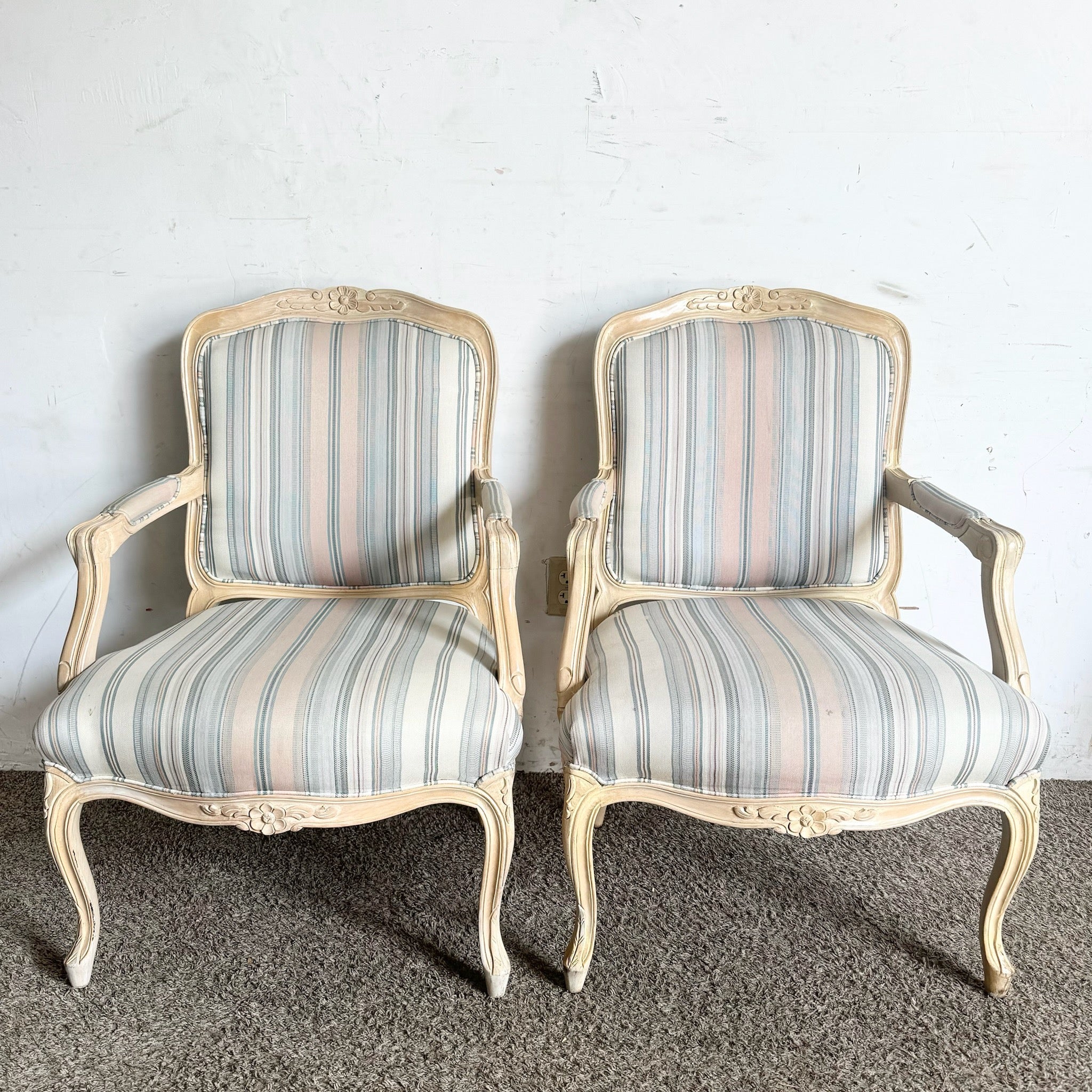 French Provincial Blonde With Blue and Pink Striped Fabric Arm Chairs - a Pair - Dolphin & Flamingo
