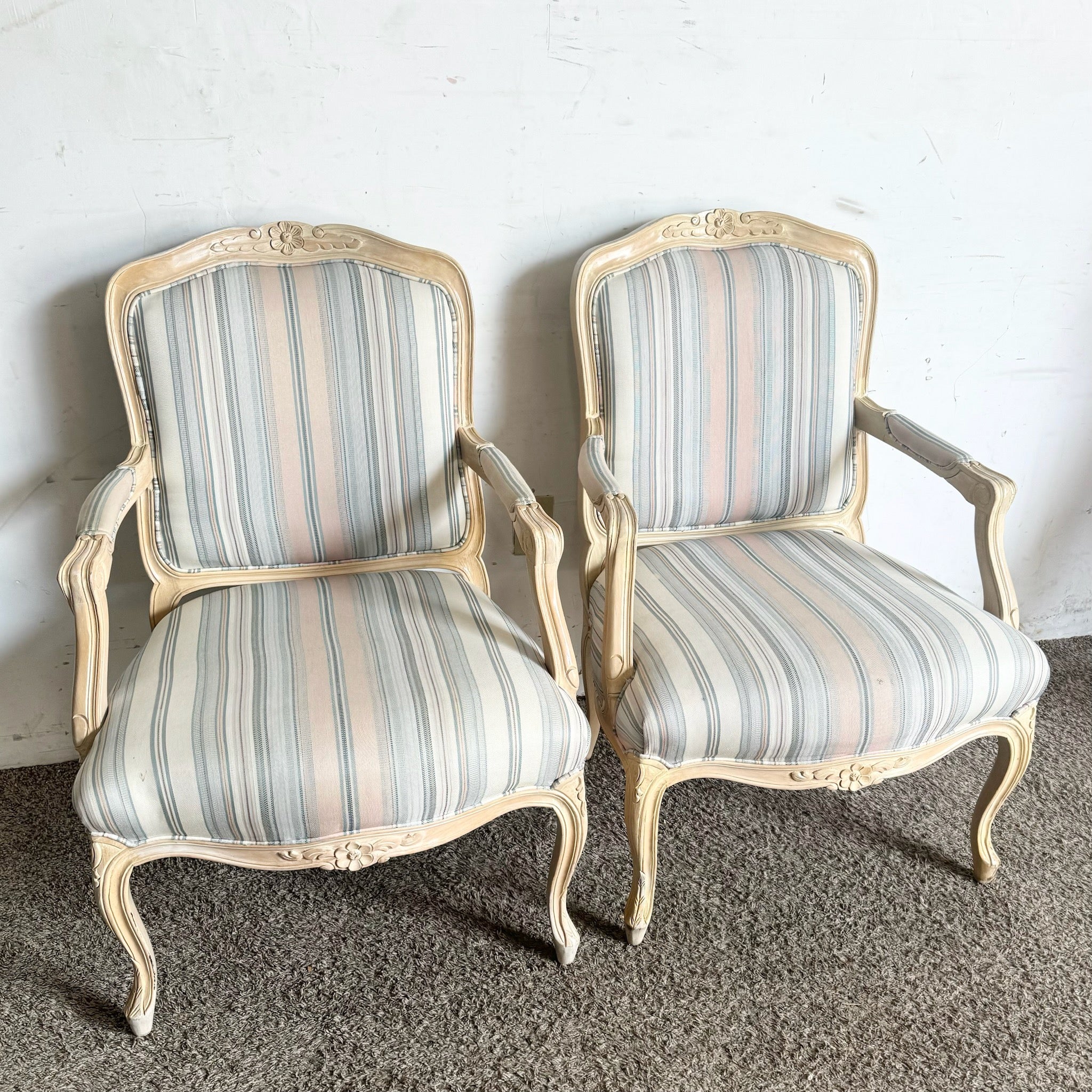 French Provincial Blonde With Blue and Pink Striped Fabric Arm Chairs - a Pair - Dolphin & Flamingo