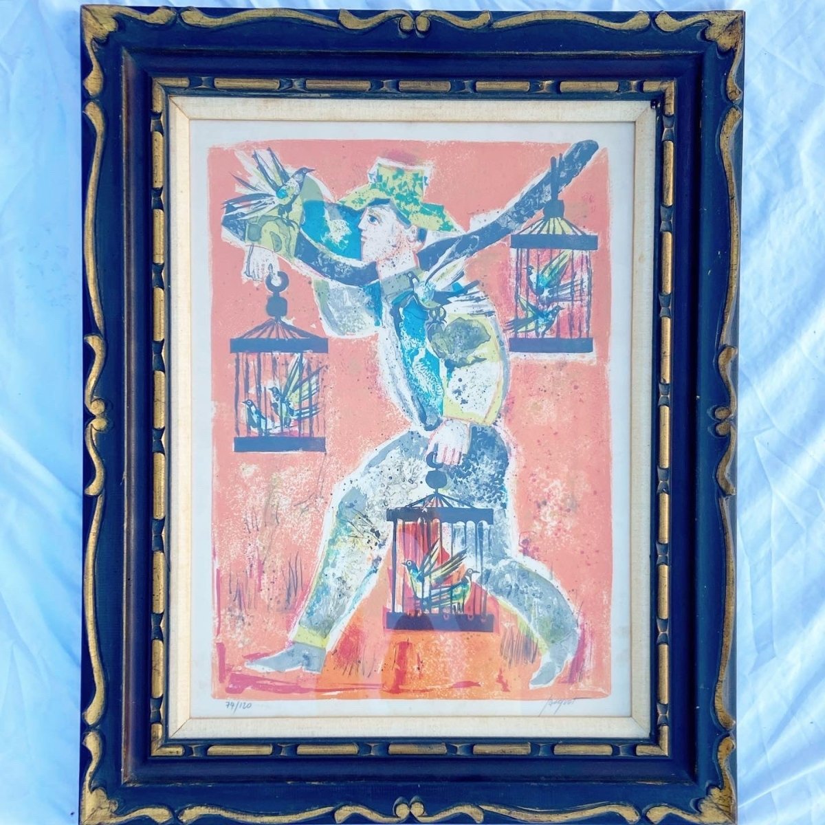 Man Holding Birds, Framed and Signed Lithograph 74/120 by Laiquot - Dolphin & Flamingo