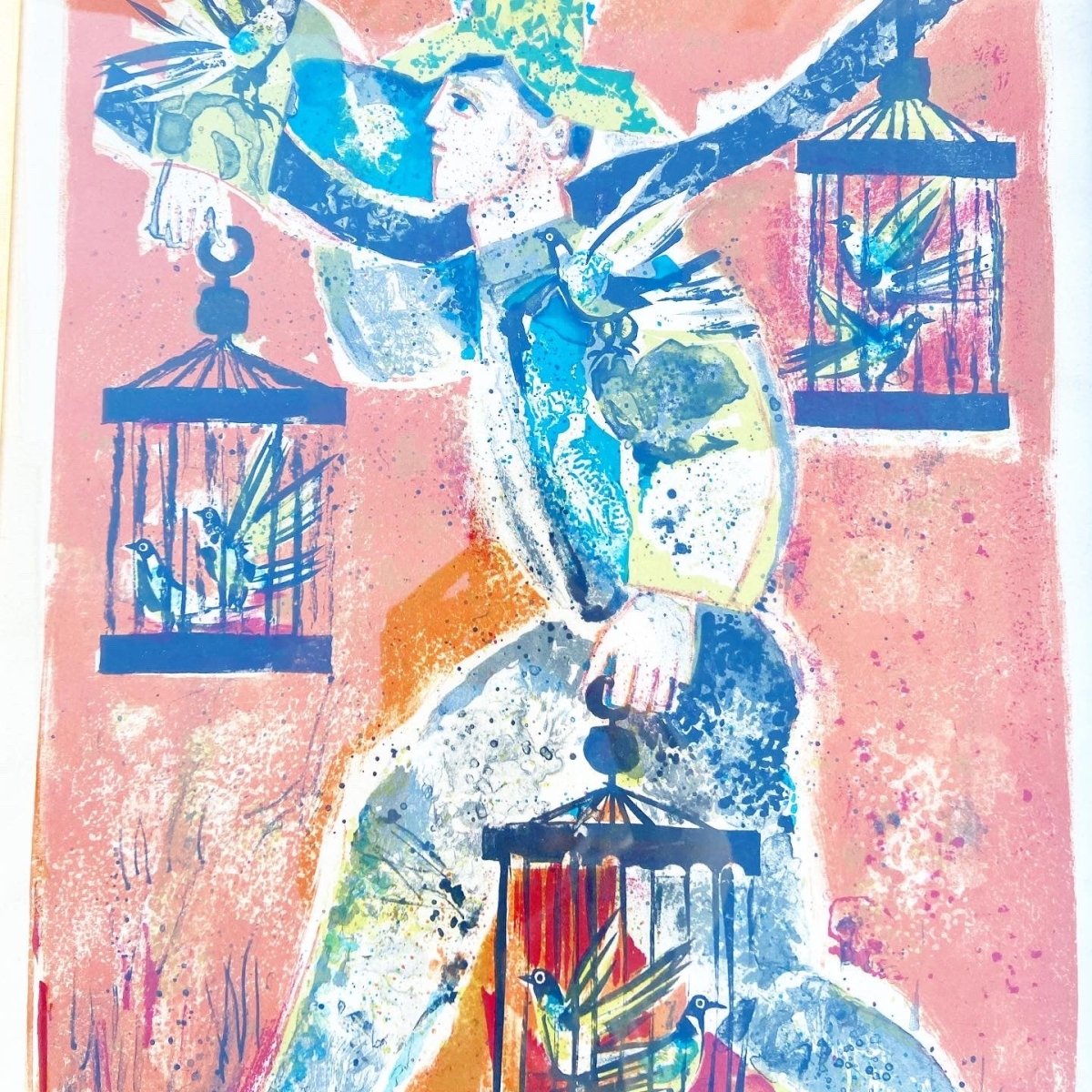 Man Holding Birds, Framed and Signed Lithograph 74/120 by Laiquot - Dolphin & Flamingo
