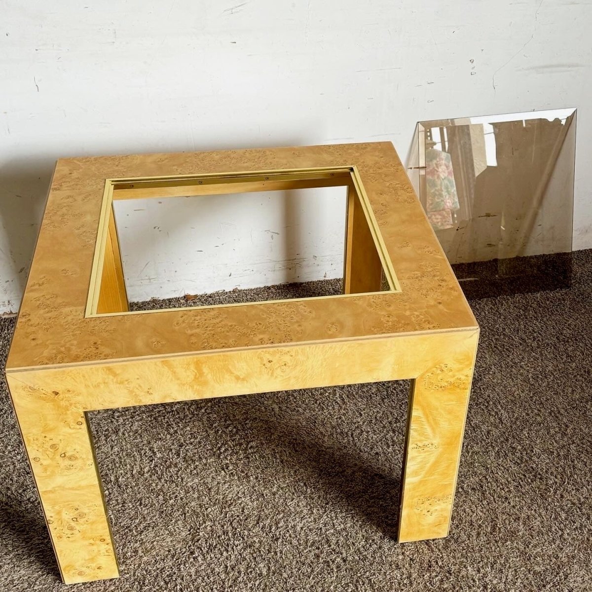 Mid Century Burl Wood Veneer Smoked Glass and Gold Side Table by Thomasville - Dolphin & Flamingo