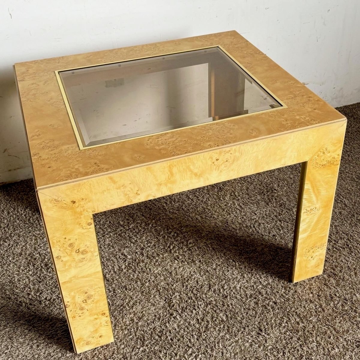 Mid Century Burl Wood Veneer Smoked Glass and Gold Side Table by Thomasville - Dolphin & Flamingo