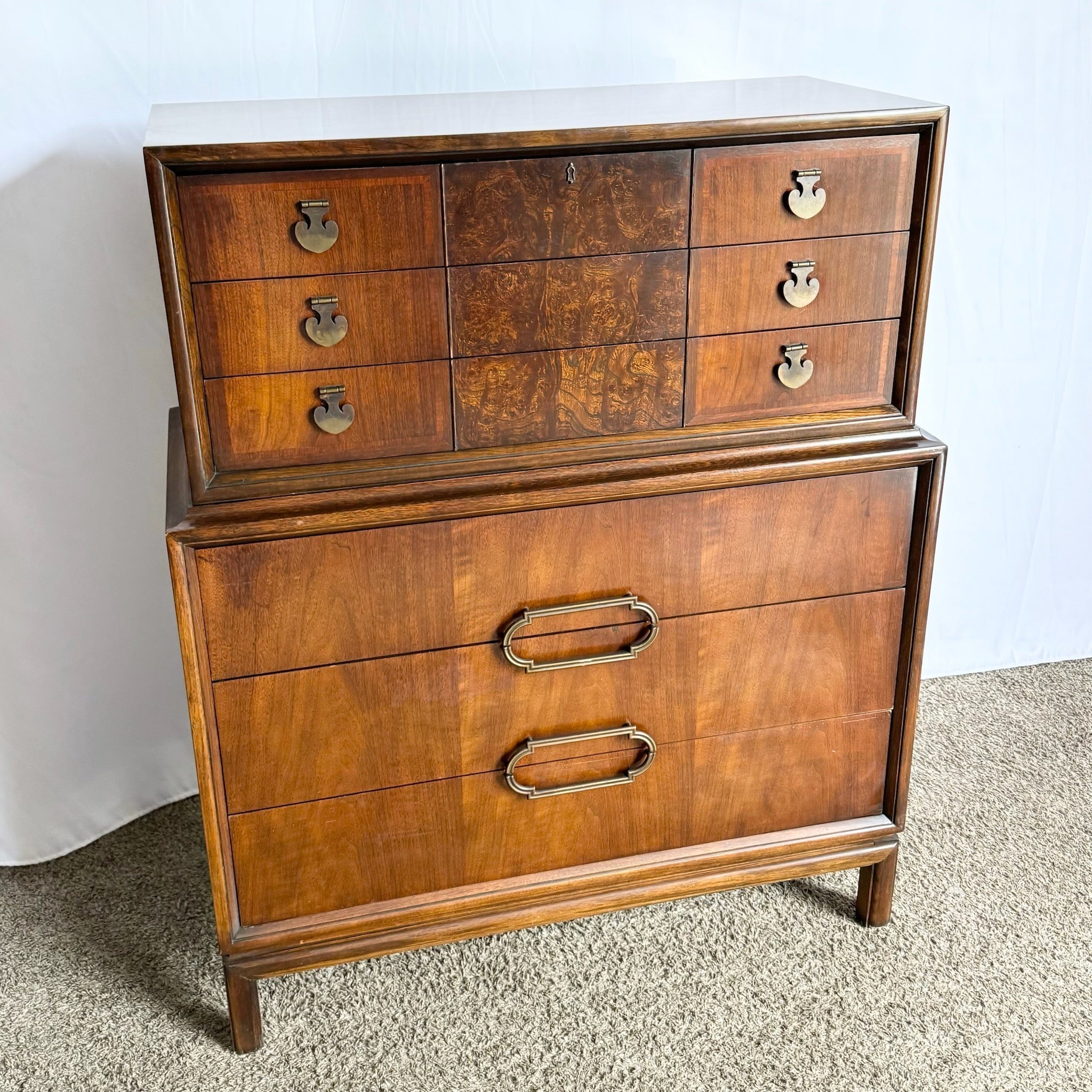 Mid Century Modern Burl Wood Highboy Dresser by Thomasville - Dolphin & Flamingo