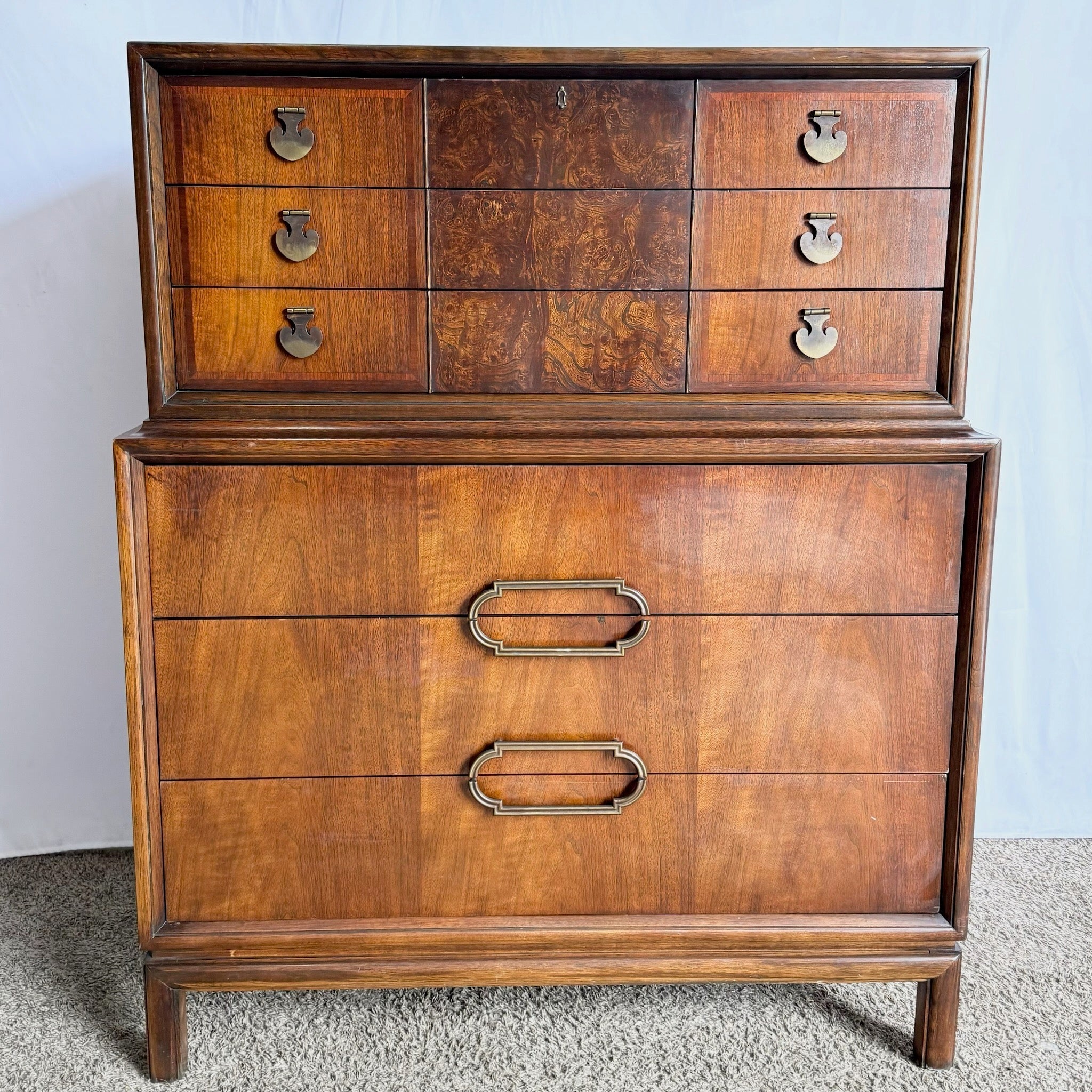 Mid Century Modern Burl Wood Highboy Dresser by Thomasville - Dolphin & Flamingo