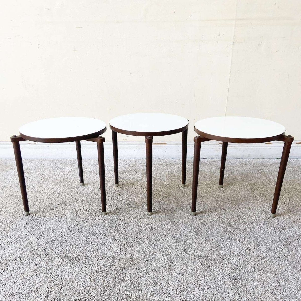 Mid Century Modern Circular White Top Nesting Tables - Set of 3 - Dolphin & Flamingo