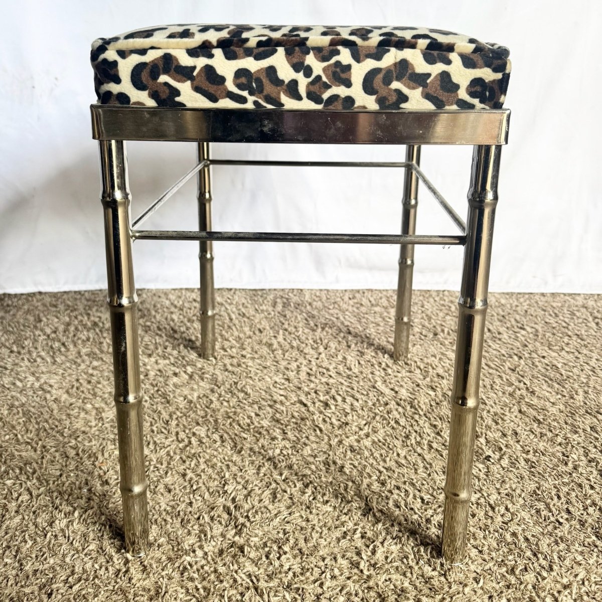 Mid Century Modern Faux Bamboo Chrome Leopard Print Low Stool - Dolphin & Flamingo