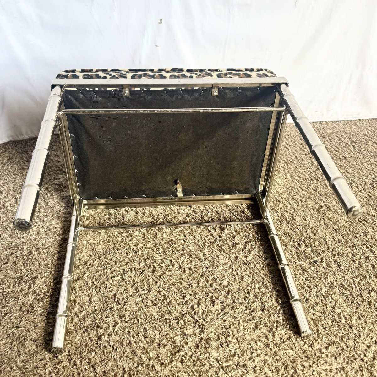 Mid Century Modern Faux Bamboo Chrome Leopard Print Low Stool - Dolphin & Flamingo