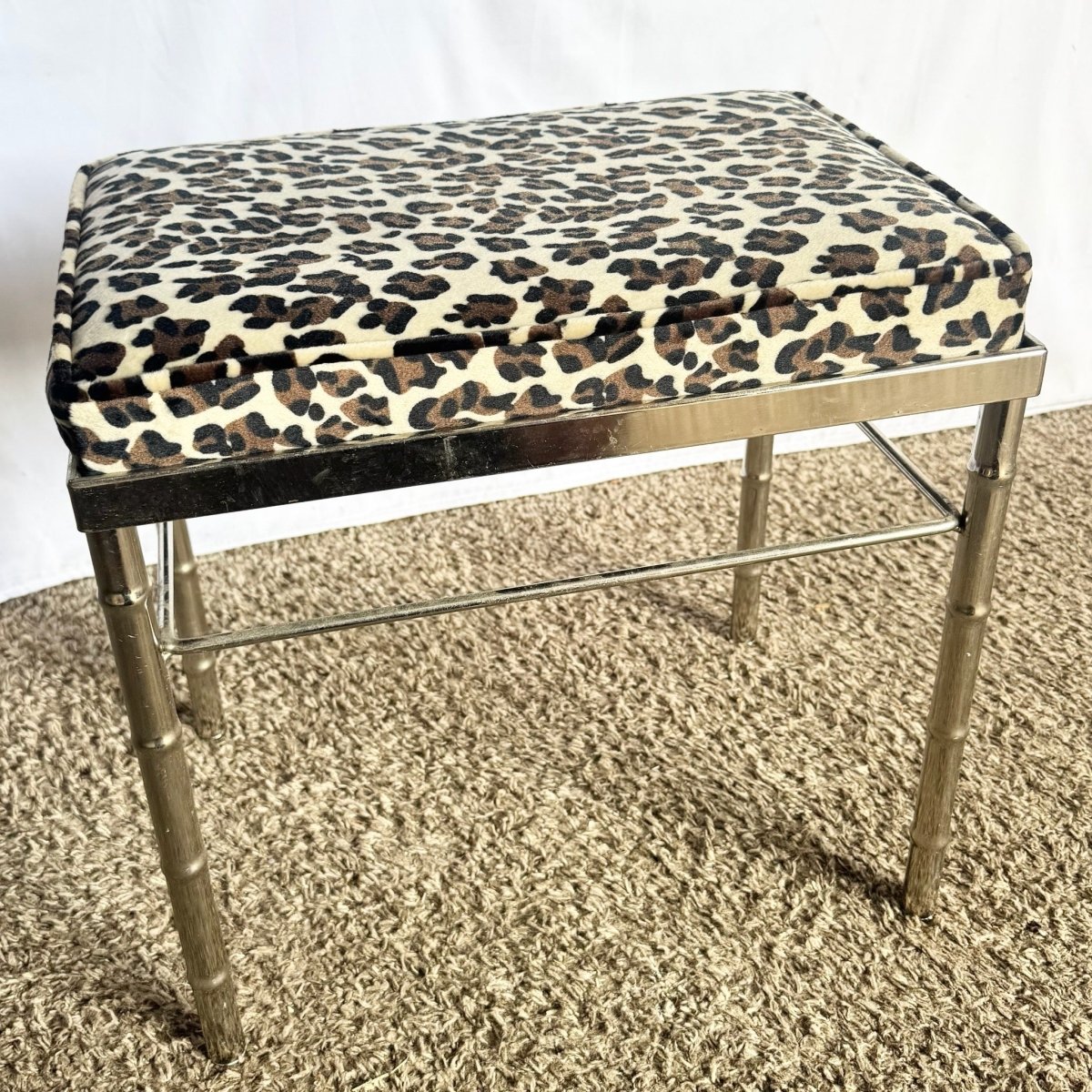 Mid Century Modern Faux Bamboo Chrome Leopard Print Low Stool - Dolphin & Flamingo