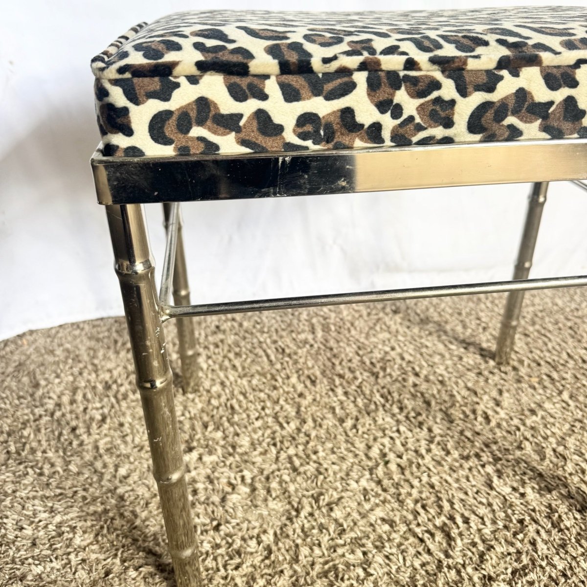 Mid Century Modern Faux Bamboo Chrome Leopard Print Low Stool - Dolphin & Flamingo