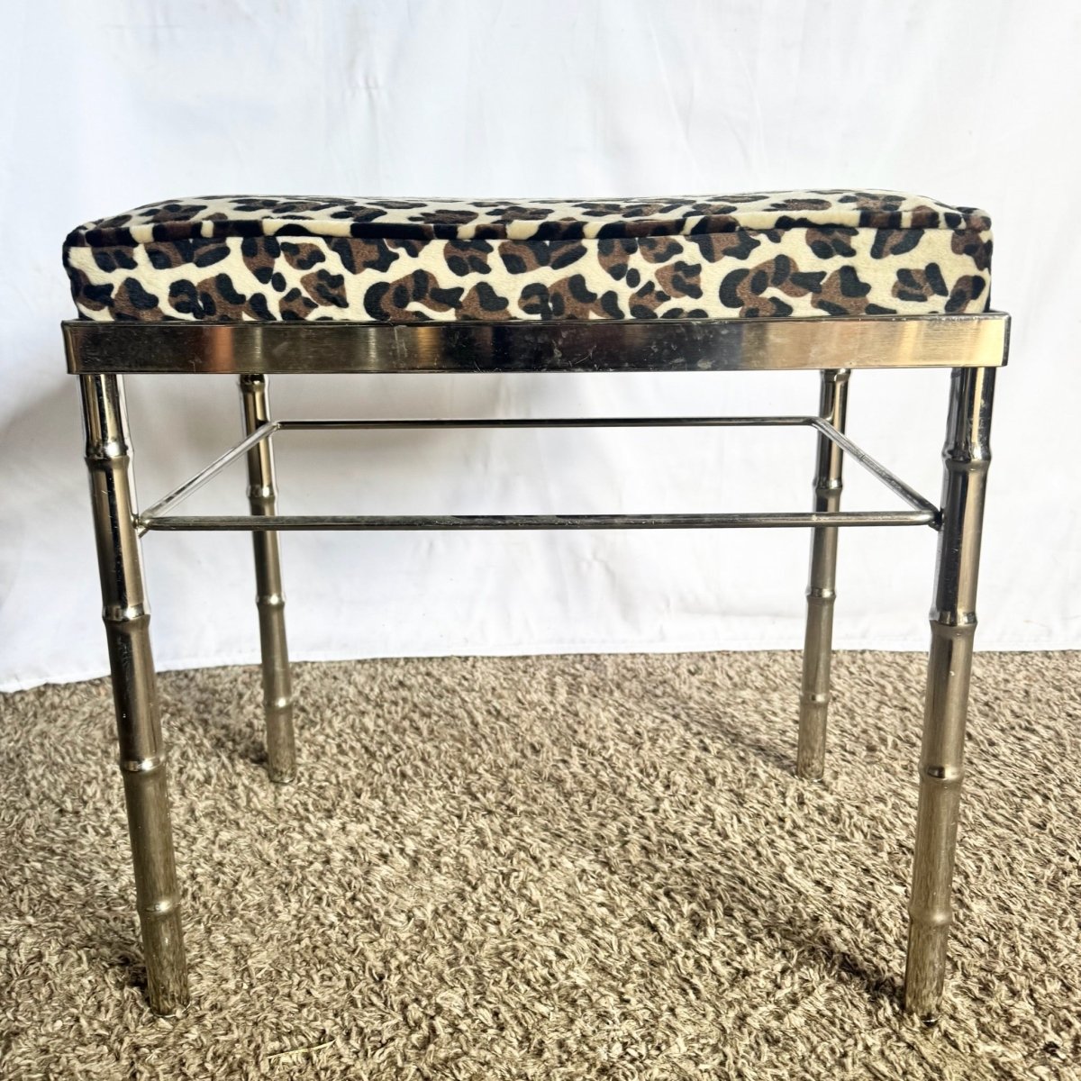 Mid Century Modern Faux Bamboo Chrome Leopard Print Low Stool - Dolphin & Flamingo
