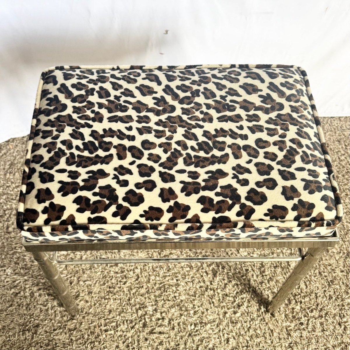 Mid Century Modern Faux Bamboo Chrome Leopard Print Low Stool - Dolphin & Flamingo
