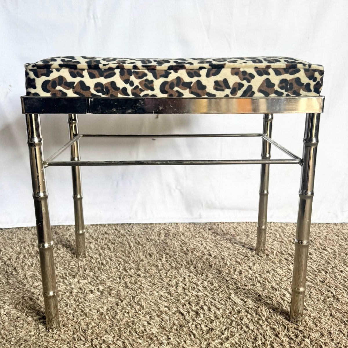 Mid Century Modern Faux Bamboo Chrome Leopard Print Low Stool - Dolphin & Flamingo
