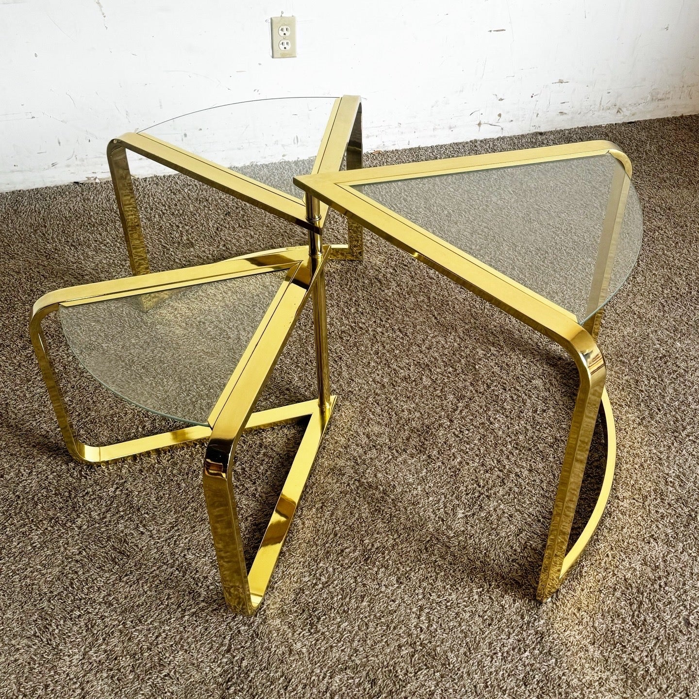 Mid Century Modern Gold Fan Coffee Nesting Table - Three Tier - Dolphin & Flamingo