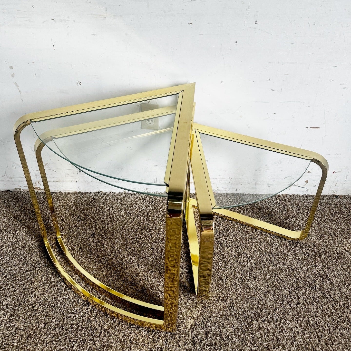 Mid Century Modern Gold Fan Coffee Nesting Table - Three Tier - Dolphin & Flamingo