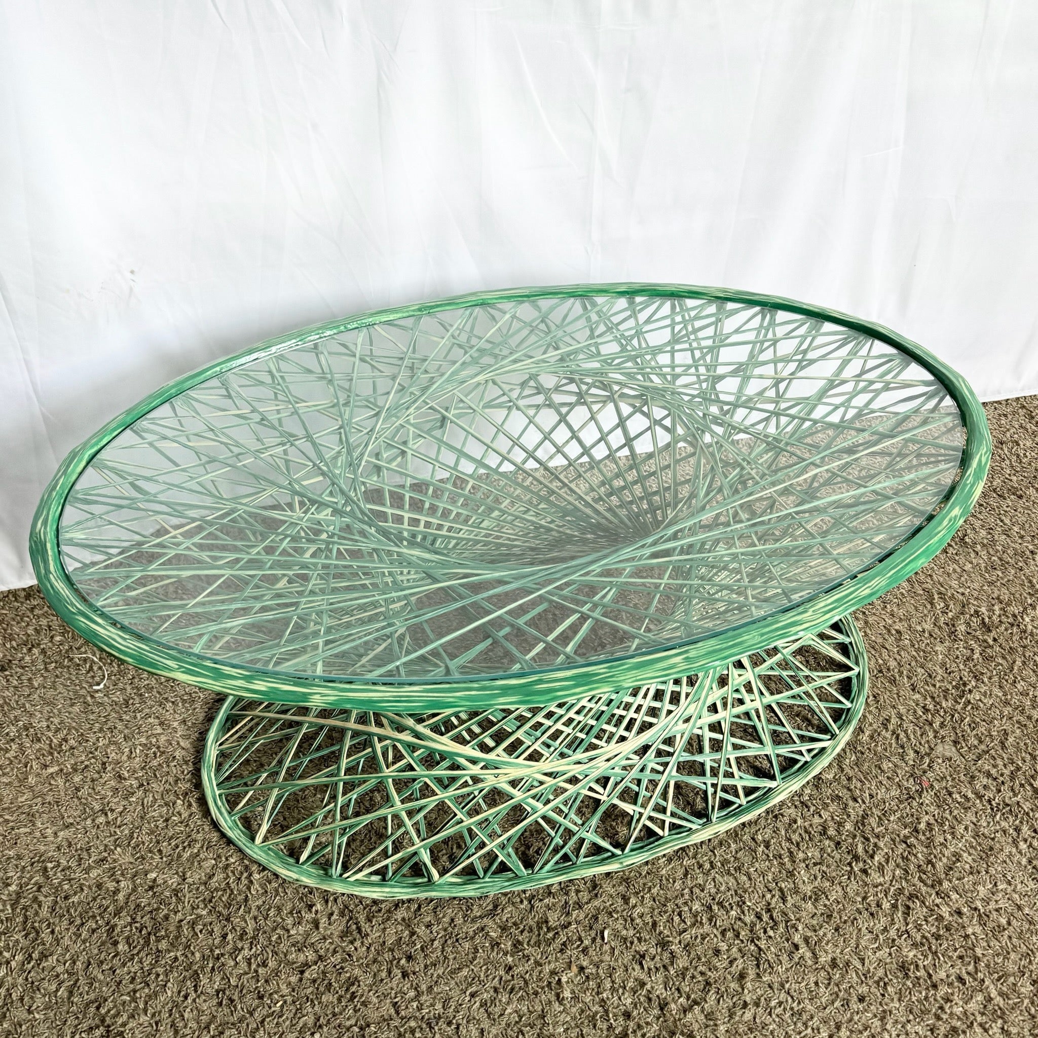 Mid Century Modern Green Oval Spun Fiberglass Glass Top Coffee Table - Dolphin & Flamingo