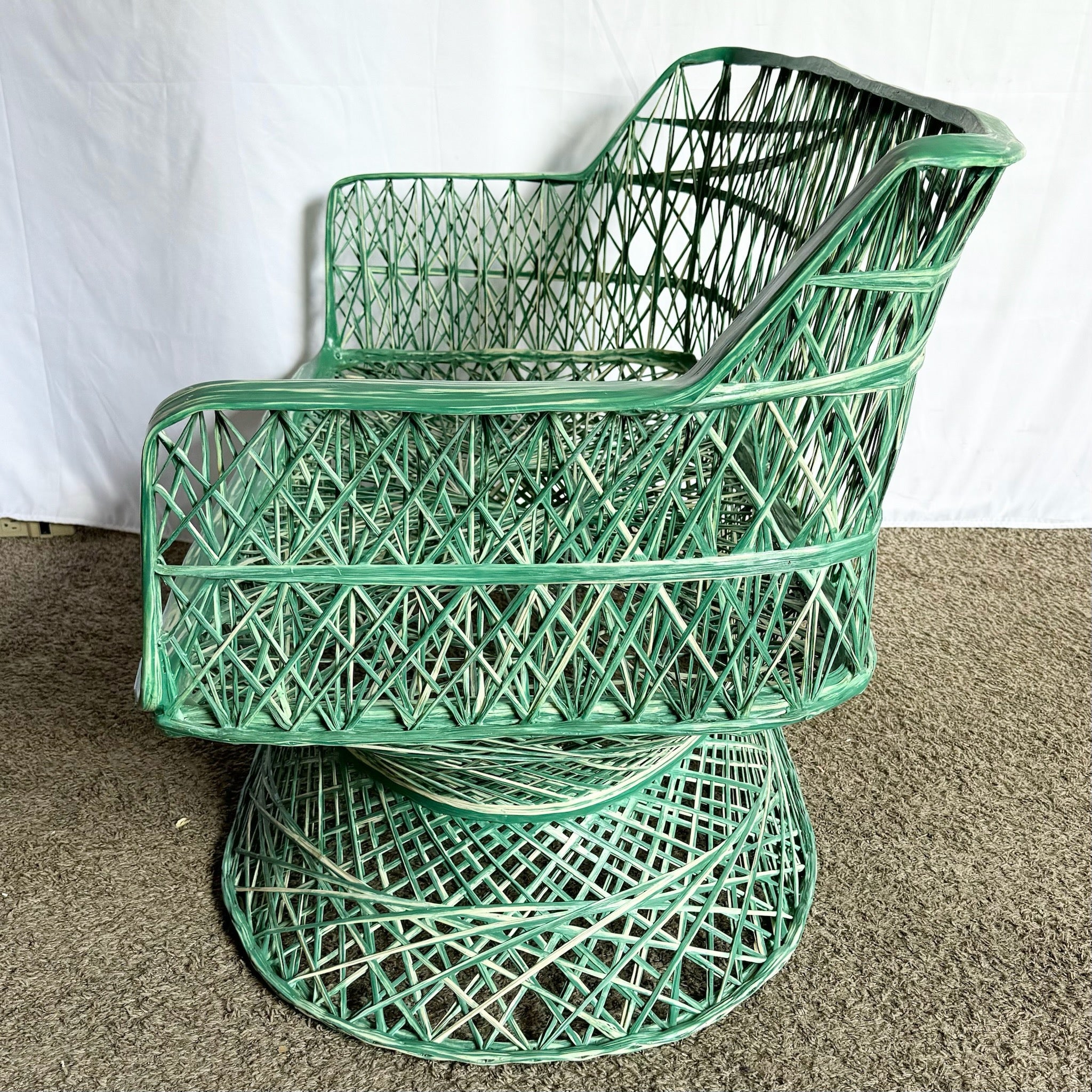 Mid Century Modern Green Spun Fiberglass Bench/Love Seat With Cushions - Dolphin & Flamingo